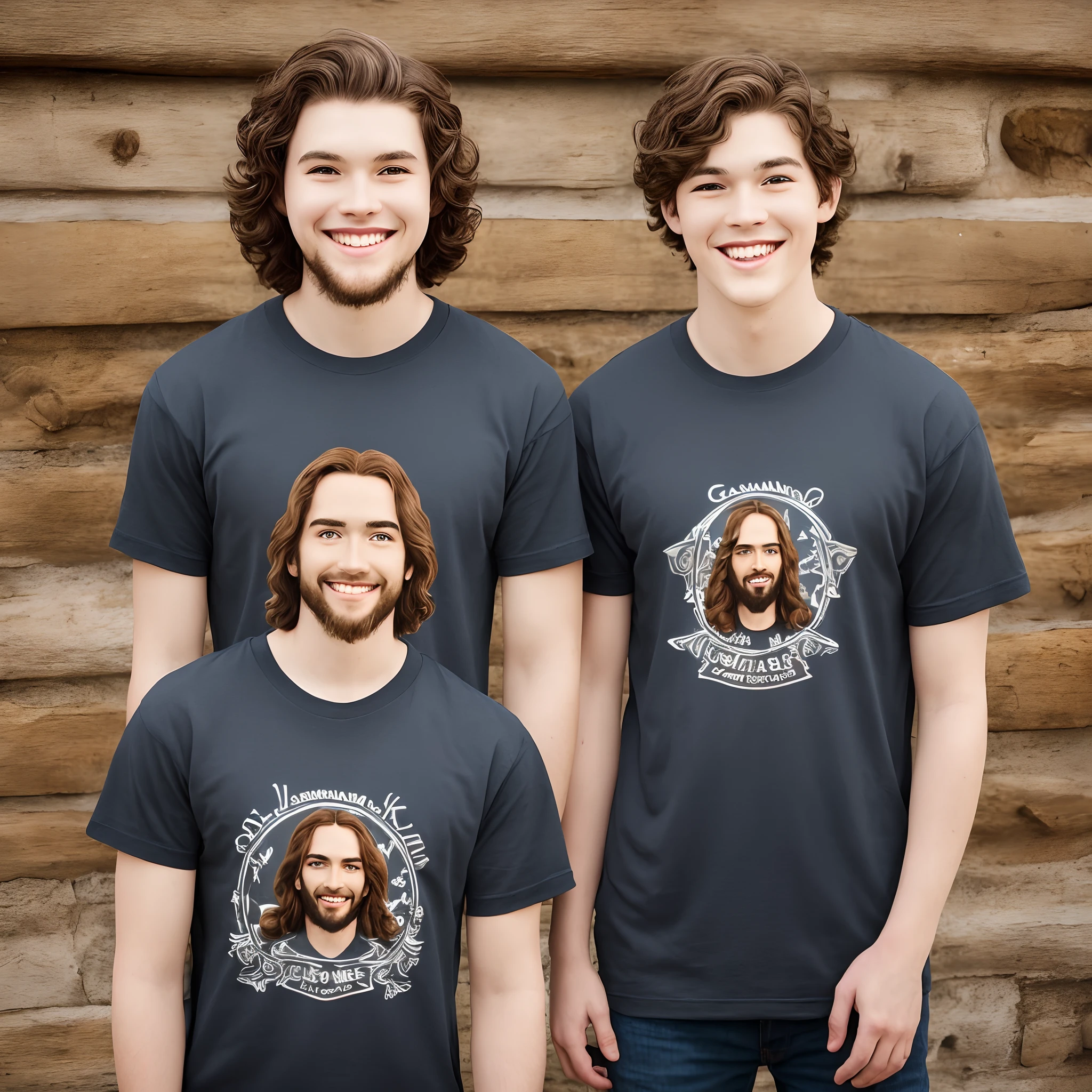 Garoto ruivo de 16 anos, cabelo curto e cacheado, corte americano no cabelo, olhos castanhos, magro. Usando uma camiseta preta com uma estampa branca escrito "Jesus is King". Sentado numa cadeira tocando teclado. Behind him is Jesus smiling. Make art with Pixar animation