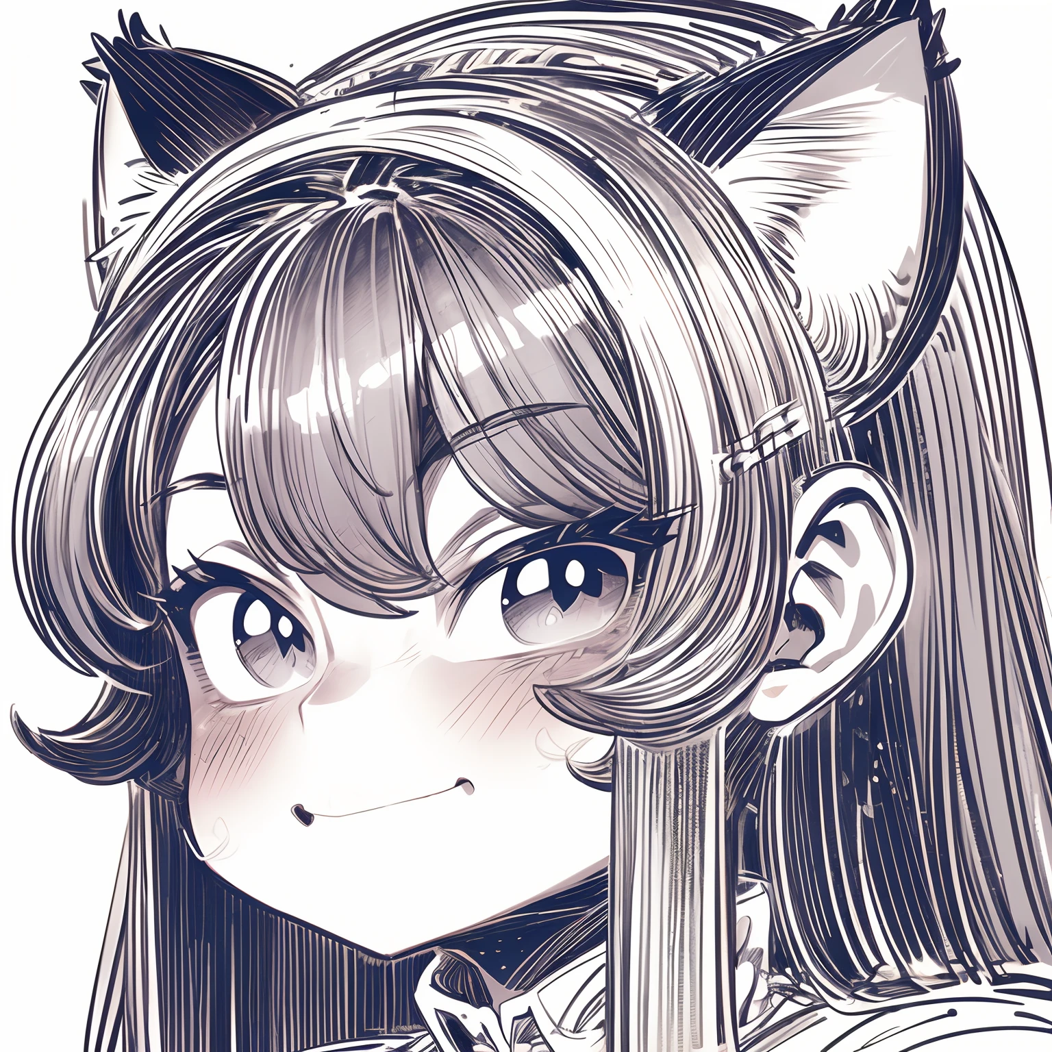 ultra detailed, masterpiece, best quality, solo, cowboy shot, facing viewer,sketch style , girl, cat ears, expression resembling a happy cat, looking at viewers