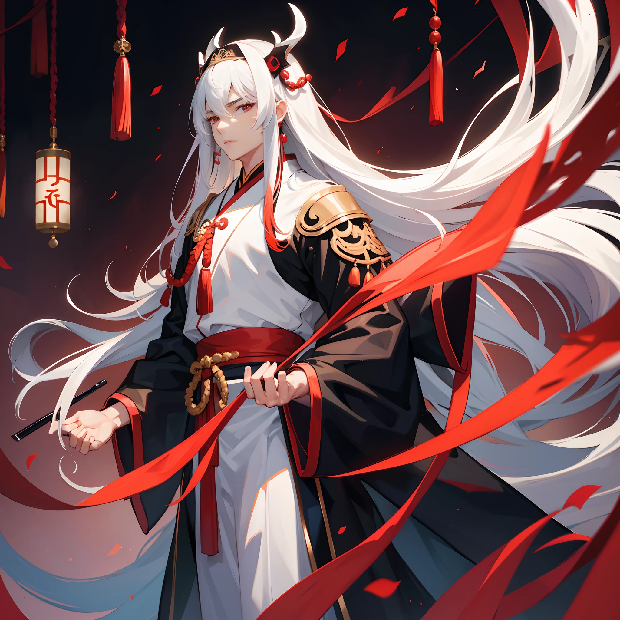 a man,lean,muscular,wearing black traditional royal chinese robes,long white hair with a chinses head piece,red eyes