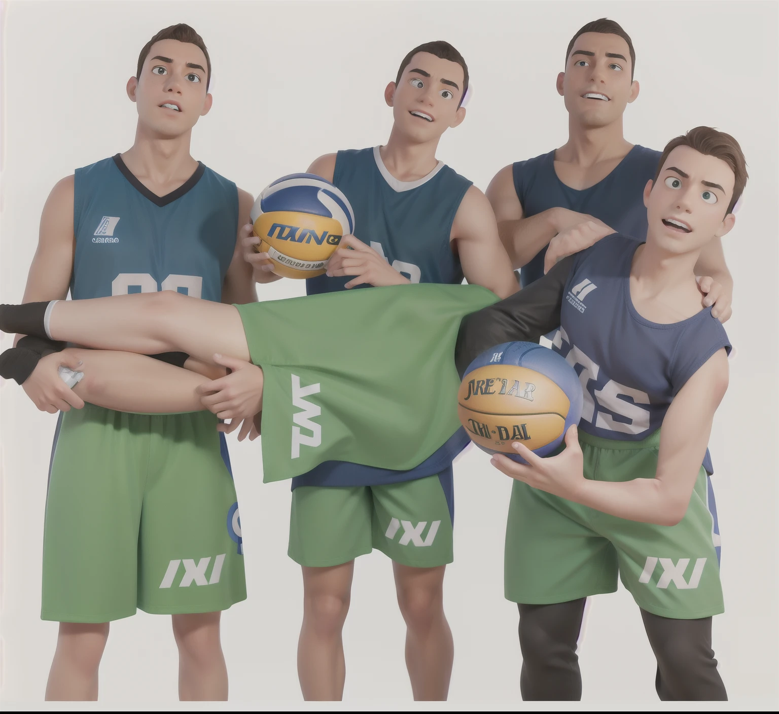 Pixar Poster Style Three men in green and blue uniforms holding a basketball, wearing a volleyball jersey, Altura total, corpo inteiro, corpo inteiro, Foto comercial, sem antecedentes, Equipe completa, imagens promocionais, corpo inteiro, Volleyball, medium detail, Origem JumpWorks, photoshoot promocional, definido contra um fundo branco, Foto de capa