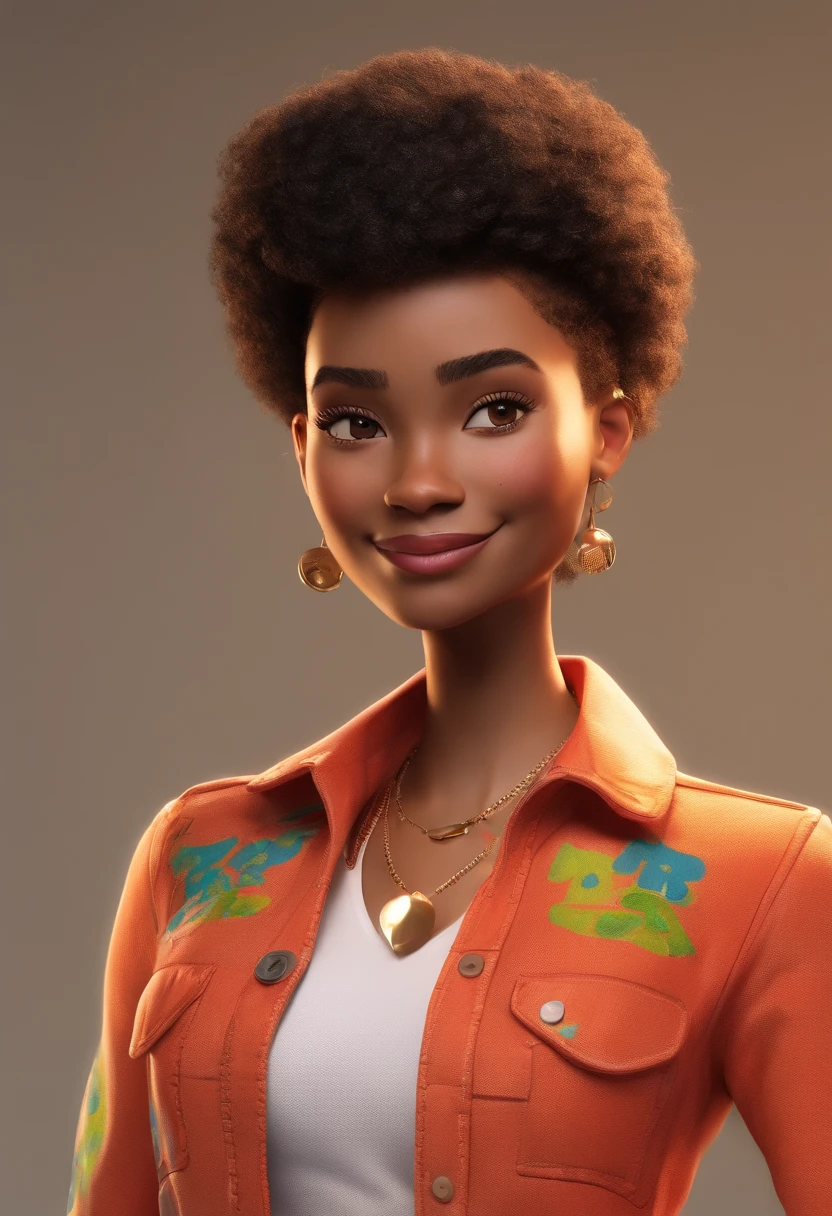 Estilo Pixar: Uma mulher jovem, de pele preta, e cabelo afro , e baixinha..3d,Disney