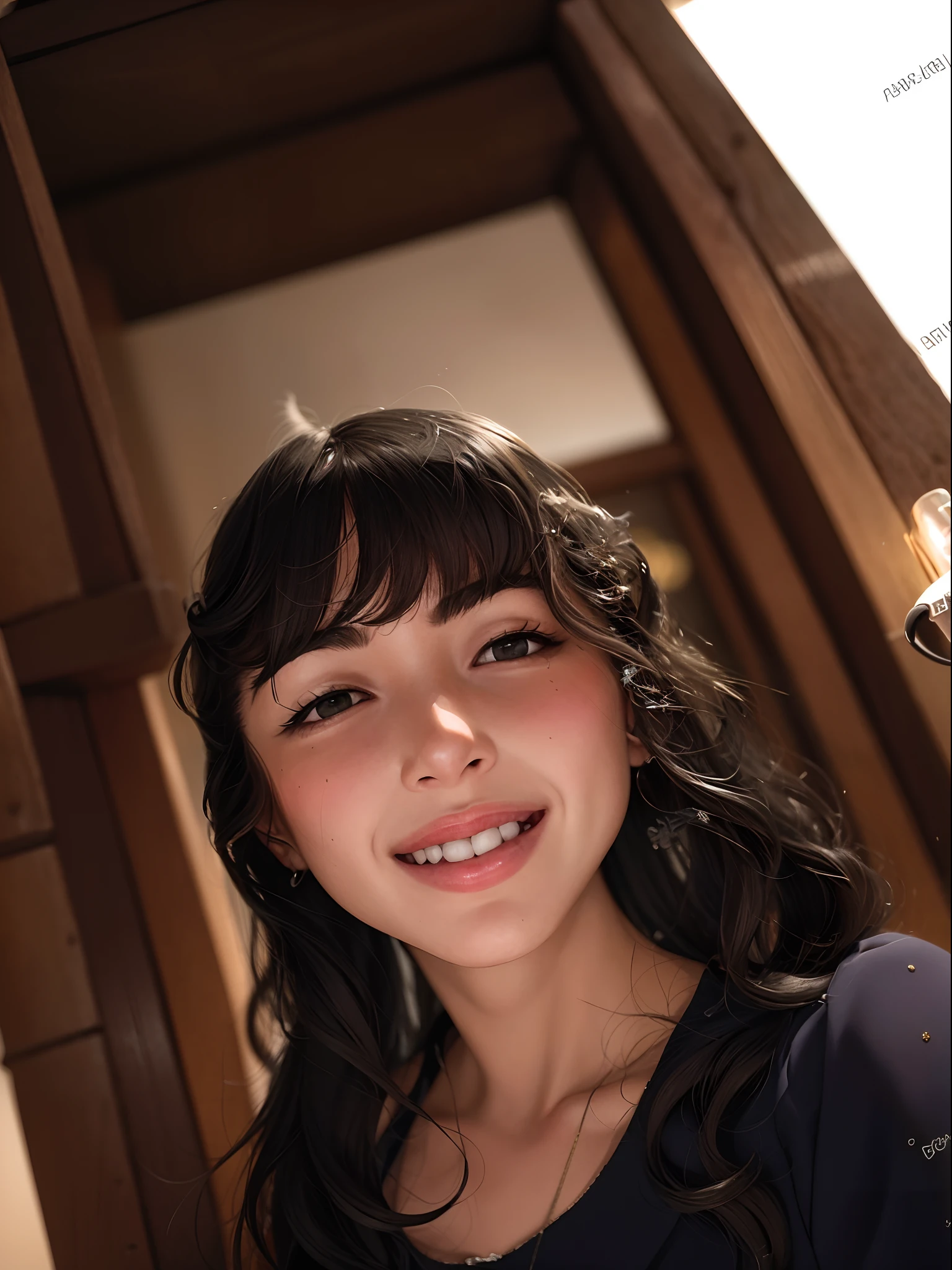 There's a young woman smiling and posing for a photo, imagem frontal, Foto realista, com um lindo sorriso, Fotografia selfie 8k, imagem de qualidade muito baixa, ela tem cerca de 1 6 anos de idade, fotografia, Watermarked, Parece Fabiula Nascimento, foto da menina, menina jovem bonito, Alanis Guillen, She is grinning