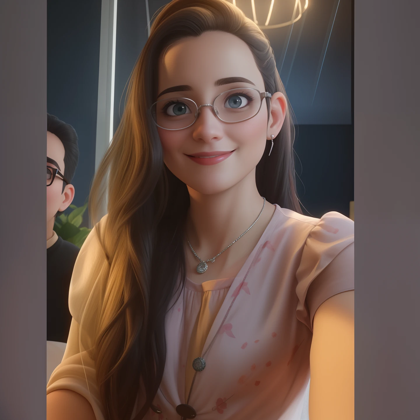 Uma mulher de 34 anos, com cabelos castanhos curtos, Rosto redondo, rosto redondo com sorriso encantador, e olhos castanhos claros, wearing glasses.