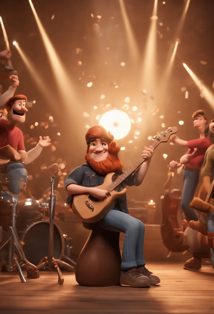 Create a Disney PIXAR-style 3D poster. ((centro da imagem, three men)), ((3 adultos)) ((1 bomem no meio, 1 homem na esquerda e 1 homem na direita, They're hugging each other, The man in the middle has fair skin and light brown hair and dark brown eyes and wears glasses, A pair of black pants and a red T-shirt that says Marvel, He's holding a Musicman model bass, o homem da esquerda tem pele clara, dark eyes and short hair with bangs and is wearing black t-shirt written Blackout, Jeans and is holding a Gibson sg model guitar, e o homem da direita tem pele clara, olhos escuros e cabelos escuros e lisos com rabo de cavalo, He's wearing a black cap, tem barba longa, Is wearing a denim jacket and jeans, He's holding drumsticks to play the drums)) ((tudo isso no estilo Disney PIXAR 3D, In the background, um palco cheio de plateia, Gloria Studio, The stage is filled with confetti, smoke, and fireworks, 3D render RTX, metal material, estilo de design cartunesco, POP Mart, soft lighting, linhas suaves, Spring tilt, Detailed illustrations of PIXAR 3D, Detalhes hiper-realistas, cor quente no estilo Disney PIXAR 3D))
