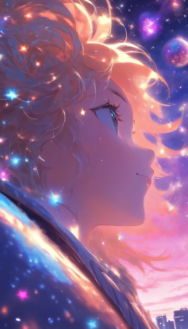 Woman leaning against car.hair is long. A wistful look.profile.Fantastic sky. crystal clear skies.Floating stars and planets.Fantastic.High quality down to the smallest detail. fantastic landscape . People are far away