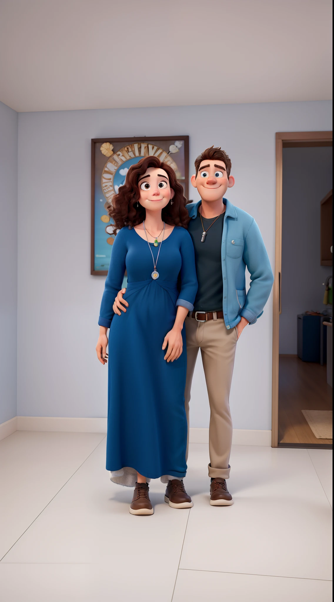 Create a Disney Pixar-style movie poster showing a couple.
She's got darker fur, he's whiter.
Husband is taller 12cm, Tem barba curta, loiro, cabelo de lado mais loiro escuro.
A mulher tem olhos e cabelos castanhos, cabelos cacheados, na altura dos ombros, He's jumping high, vestido preto, tem um decote na altura do seio, wears a lanyard with a small pendant.
Make the eyes well-drawn.
Eles devem estar em um jardim de praia.