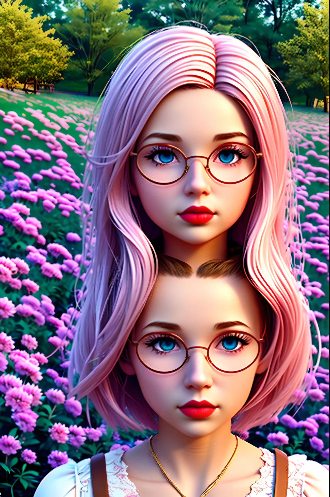 Make a film poster of Disney/Pixar style 3D. A white girl with brown wavy hair, eyes Brown with gold glasses, pink lips. Make she in a field of flowers.