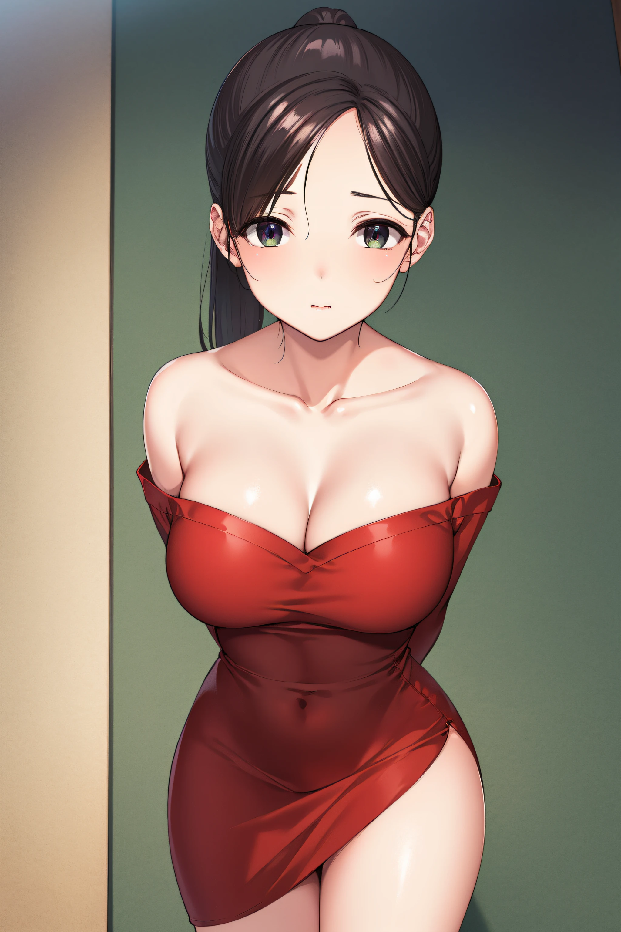 akaneyoshizawa, akane yoshizawa, black hair, ponytail, (green eyes:1.5), swept bangs, long hair,
BREAK wearing red dress,sleeveless,japanese_clothes,bare_shoulders,(Closed_clothes),
BREAK indoors, classroom,
BREAK looking at viewer, (cowboy shot:1.5),standing, leaning forward, arms behind back
BREAK (masterpiece:1.2), best quality, high resolution,NSFW ,unity 8k wallpaper, (illustration:0.8), (beautiful detailed eyes:1.6), extremely detailed face, perfect lighting, extremely detailed CG, (perfect hands, perfect anatomy),