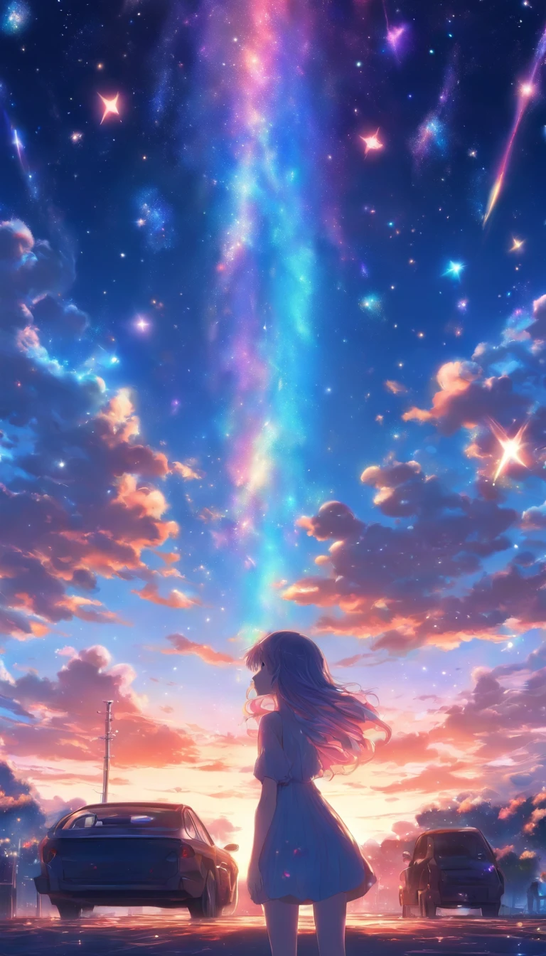 Woman leaning against car.hair is long. A wistful look.profile.Fantastic sky. crystal clear skies.Floating stars and planets.Fantastic.High quality down to the smallest detail. fantastic landscape . People are far away