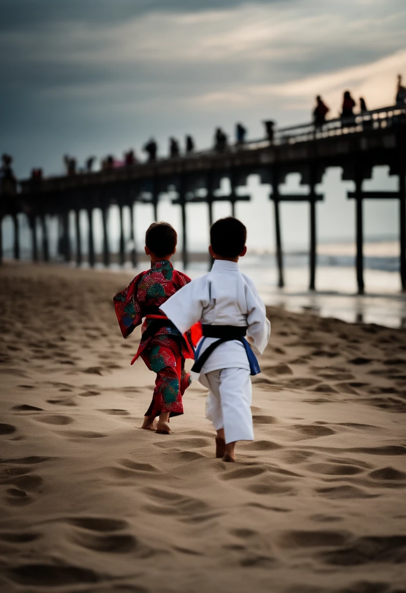 Kids training in the city facing the beach, usando kimonos e lutando judo