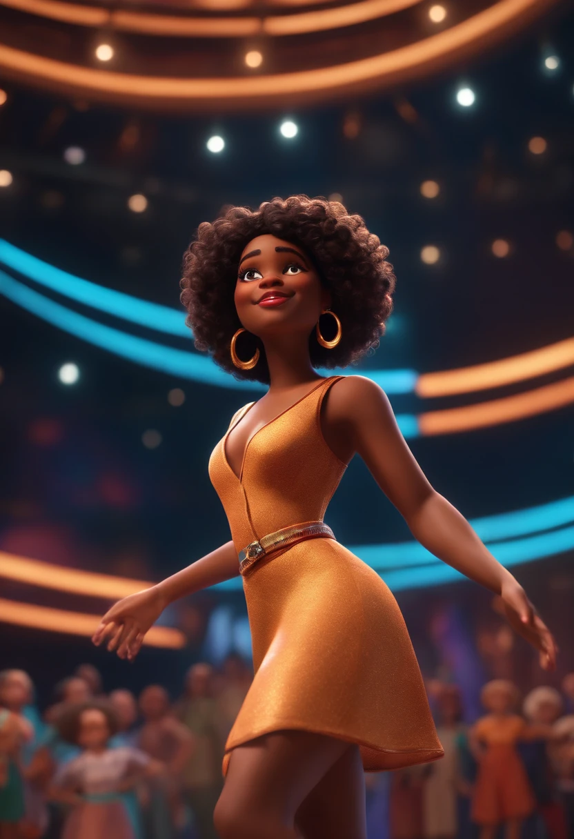 Magem Pixar Style with 3D Character Black Woman Short Curly Hair Dancing on Disney Stage