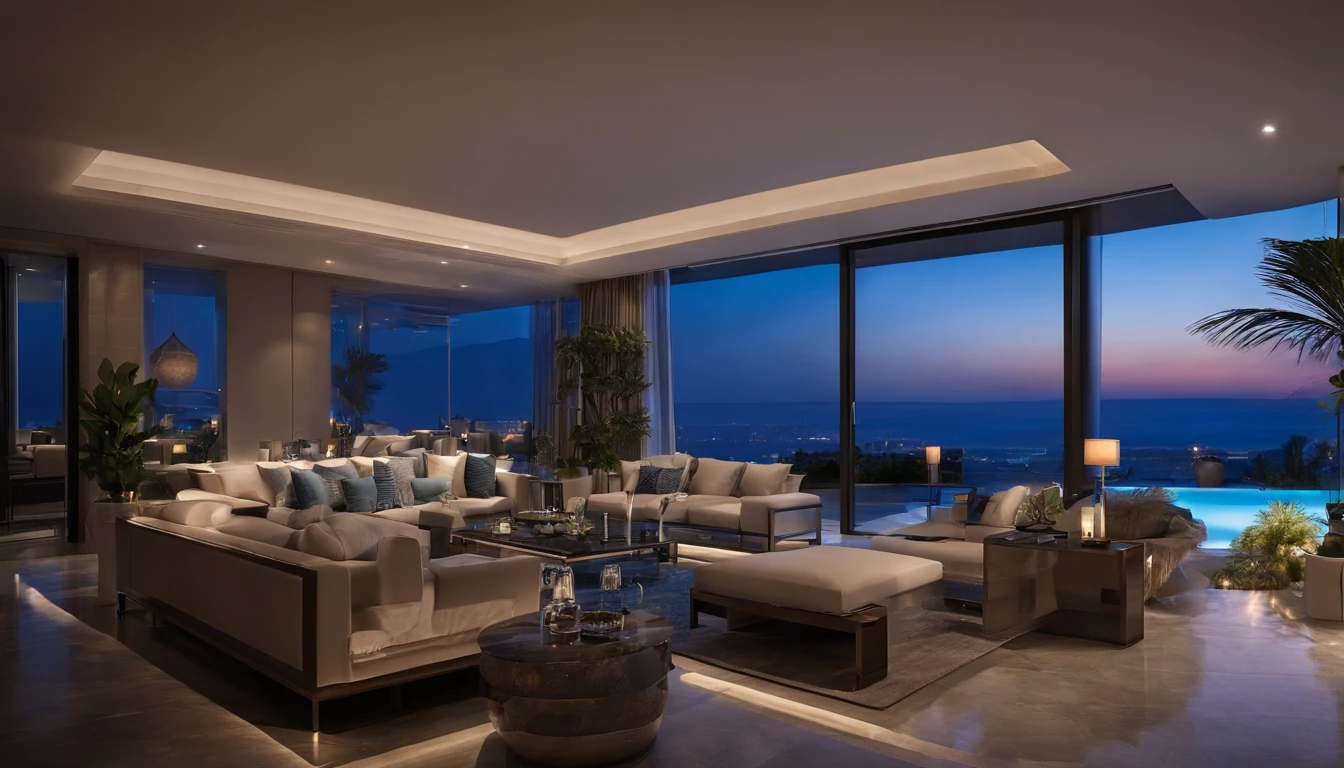 (((Night in the big city)),((Super luxury tower condominium)),The stunning night view is super beautiful.,((The outdoor living room on the hill is a large open veranda)),Moody ocean blue pool,((A strong blue light lit up from the bottom of the pool envelops the area)),(High-quality flooring by the pool),Cushions for relaxation,(Colorful night view),Mysterious Sea,4k,An ultra-high picture quality,Luxury space,Moody indirect lighting,houseplant,rich,Rich,VIP,VIP Moments