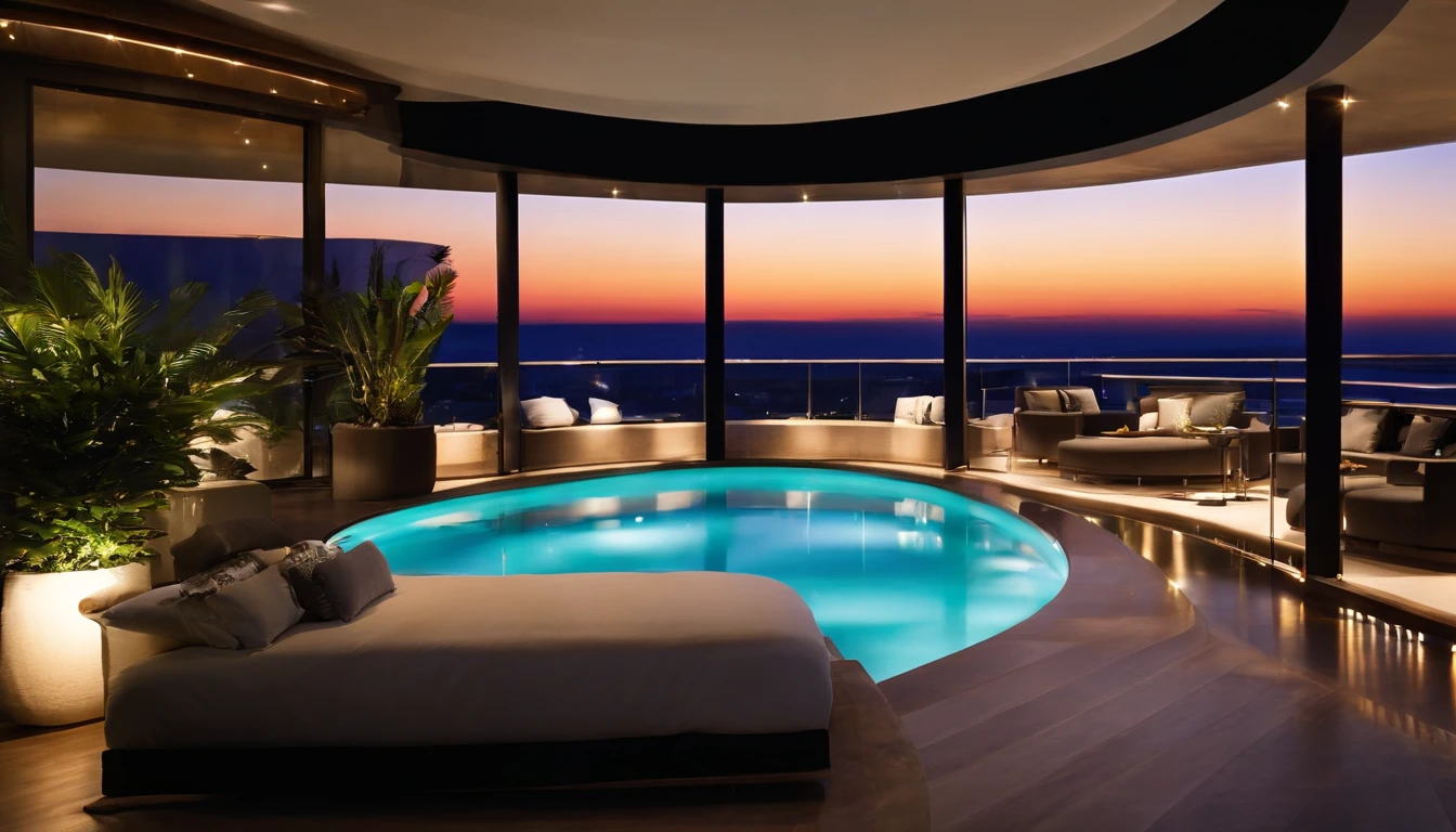 (((Night in the big city)),((Super luxury tower condominium)),The stunning night view is super beautiful.,((The outdoor living room on the hill is a large open veranda)),Moody ocean blue pool,((A strong blue light lit up from the bottom of the pool envelops the area)),(High-quality flooring by the pool),Cushions for relaxation,(Colorful night view),Mysterious Sea,4k,An ultra-high picture quality,Luxury space,Moody indirect lighting,houseplant,rich,Rich,VIP,VIP Moments