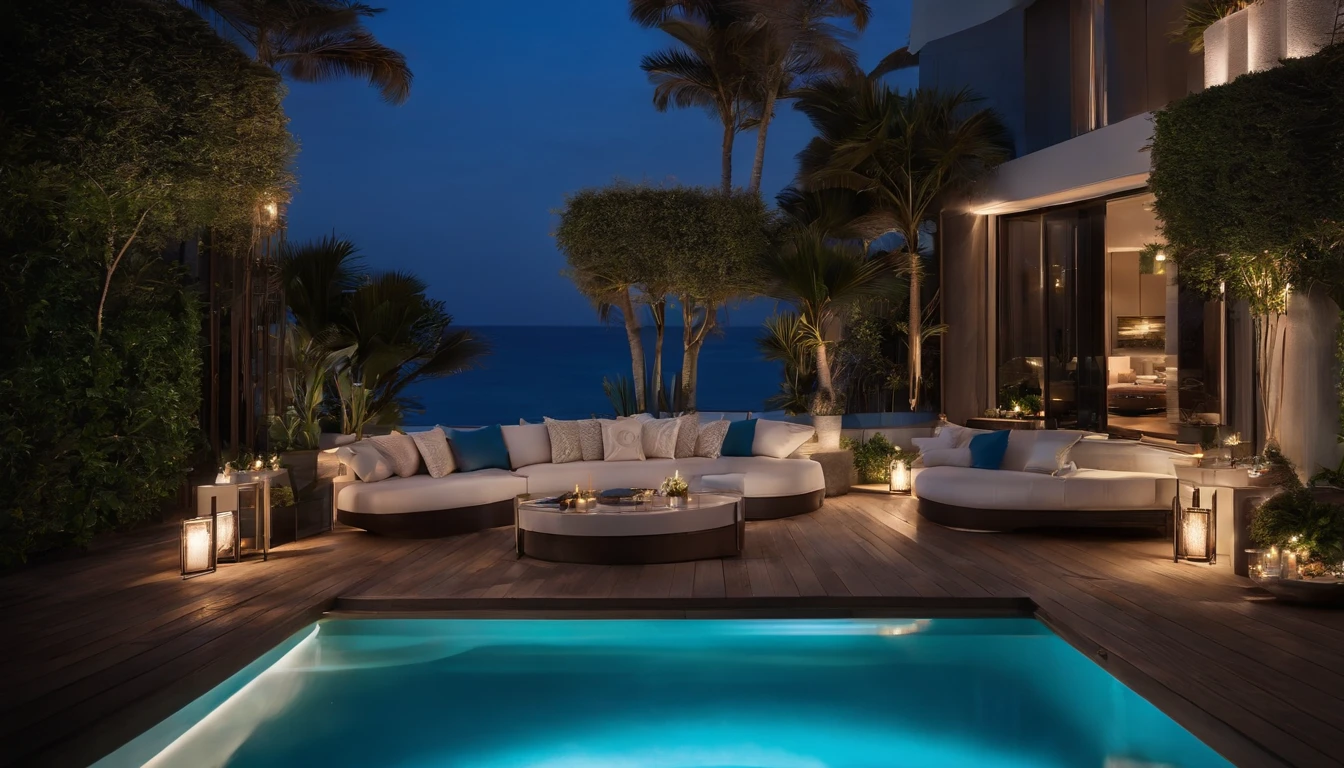 (((Night in the big city)),((Super luxury tower condominium)),The stunning night view is super beautiful.,((The outdoor living room on the hill is a large open veranda)),Moody ocean blue pool,((A strong blue light lit up from the bottom of the pool envelops the area)),(High-quality flooring by the pool),Cushions for relaxation,(Colorful night view),Mysterious Sea,4k,An ultra-high picture quality,Luxury space,Moody indirect lighting,houseplant,rich,Rich,VIP,VIP Moments
