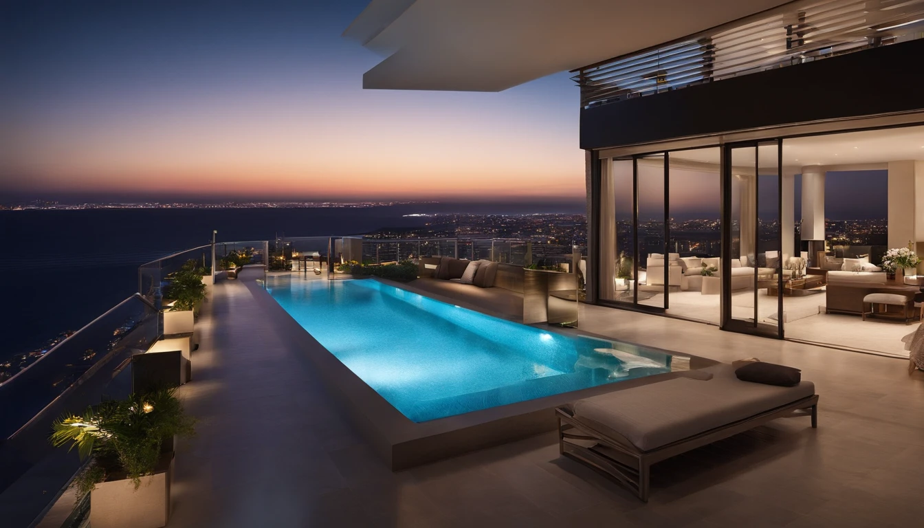 (((Night in the big city)),((Super luxury tower condominium)),The stunning night view is super beautiful.,((The outdoor living room on the hill is a large open veranda)),Moody ocean blue pool,((A strong blue light lit up from the bottom of the pool envelops the area)),(High-quality flooring by the pool),Cushions for relaxation,(Colorful night view),Mysterious Sea,4k,An ultra-high picture quality,Luxury space,Moody indirect lighting,houseplant,rich,Rich,VIP,VIP Moments