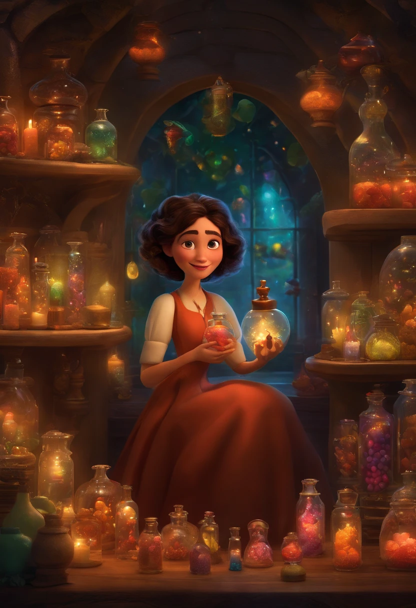 A collector of ideas inspired by Pixar animation, de perto. She is surrounded by a collection of magic vials, each containing a unique idea. The focus is on the character, with a captivating facial expression, Against a backdrop of shimmering, cores efervescentes.