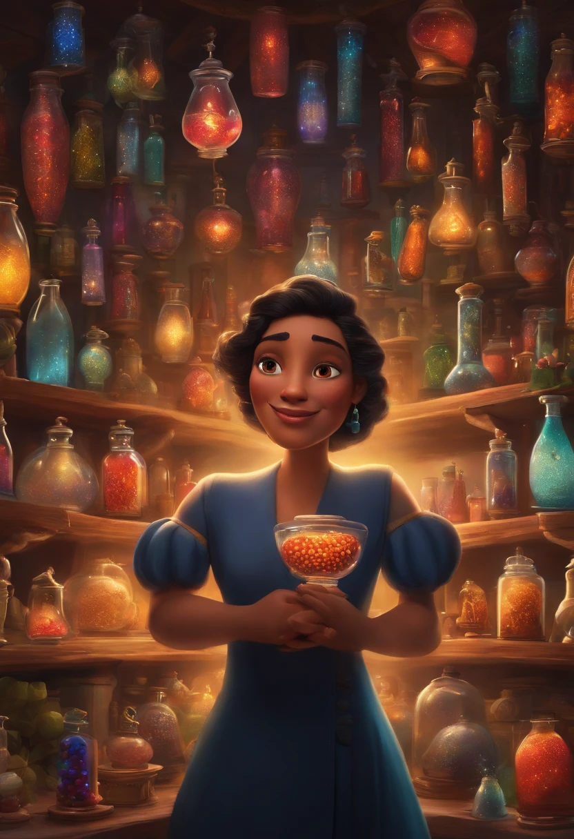 A collector of ideas inspired by Pixar animation, de perto. She is surrounded by a collection of magic vials, each containing a unique idea. The focus is on the character, with a captivating facial expression, Against a backdrop of shimmering, cores efervescentes.