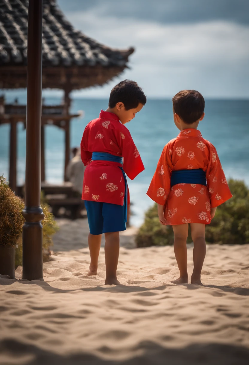 Pixar movies style kids training in the city facing the beach, usando kimonos e lutando judo