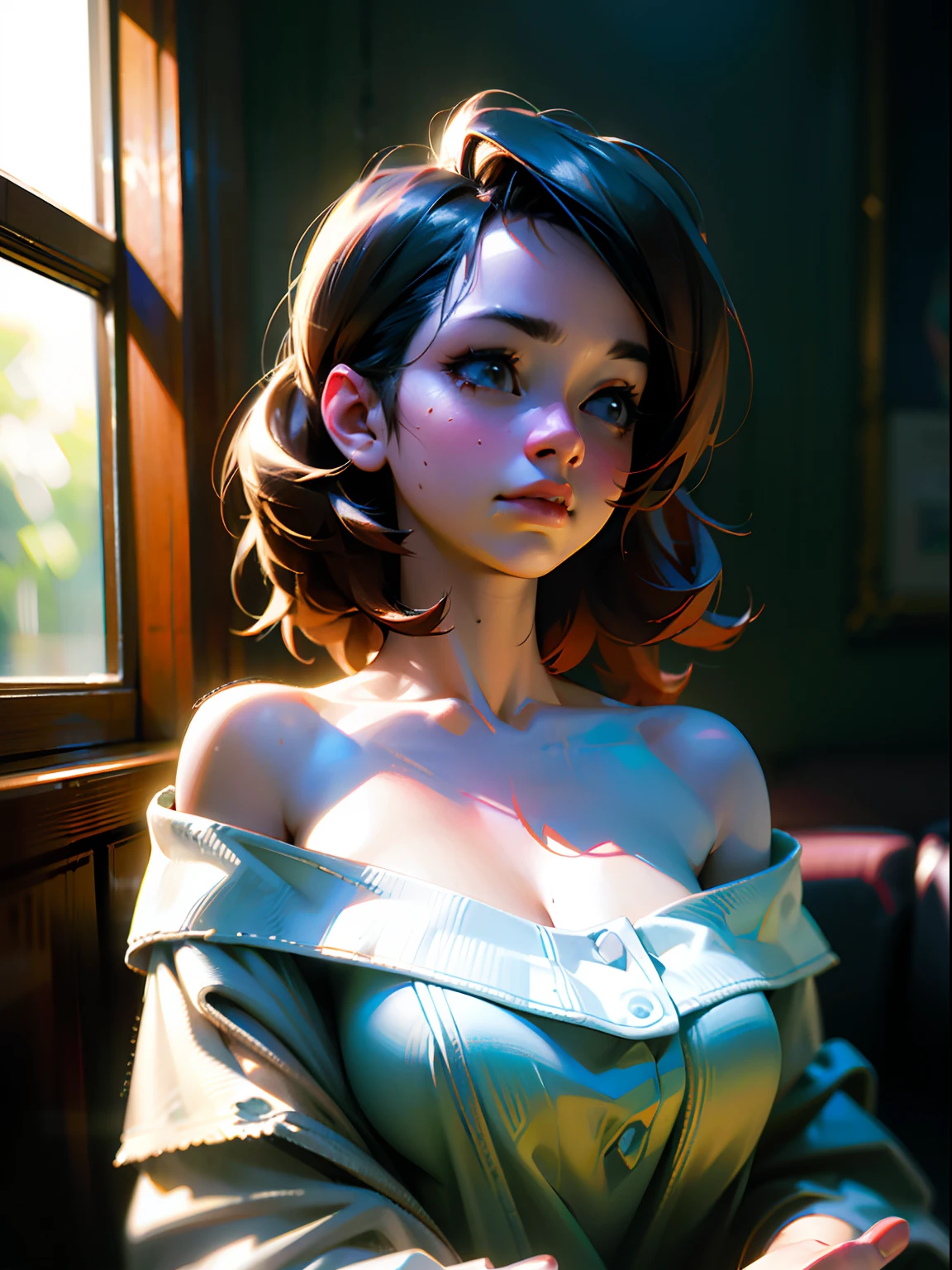 (8k, RAW Photos, highest quality, masterpiece:1.2), (Realistic, photo-Realistic:1.37), Super detailed, Ultra-high resolution,1 girl,View Viewer,Beautifully detailed face,smile,narrow,(Slim waist:1.3),shirt, Beautifully detailed skin, Skin Texture, Floating Hair,Professional Lighting,