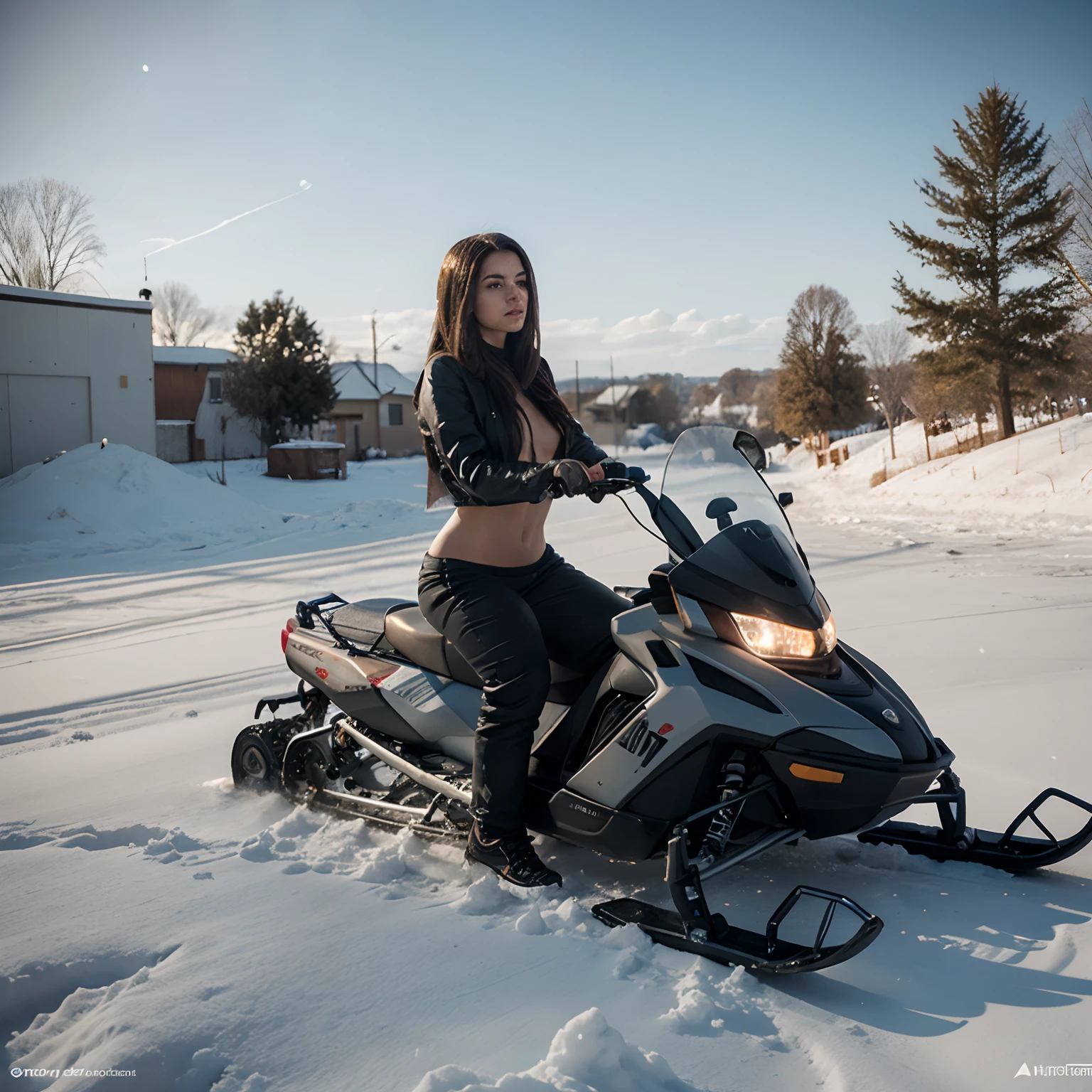 Cuerpo completo. Gray alien riding a snowmobile riding the snow-covered road in the middle of winter, grey alien, gran angular, octanaje  renderizado, iluminacion volumetrica, golden ratio, trending on artstation, imagen en 3D, renderizado 3D, resolucion 64K. photographic style: Lente 50mm apertura F2.5 Nikon D500. Sugerencias: No debe salir: Feo, ruido, grano, mala anatomia, malas proporciones, mal arte, mal dibujado, cara mala dibujada, mutado, mutilate, morbid, miembros perdidos, miembros extras, miembros flotantes, miembros fusionados, fuera de foco, fuera de marco, low res, Cartoon, plastico, Undressed