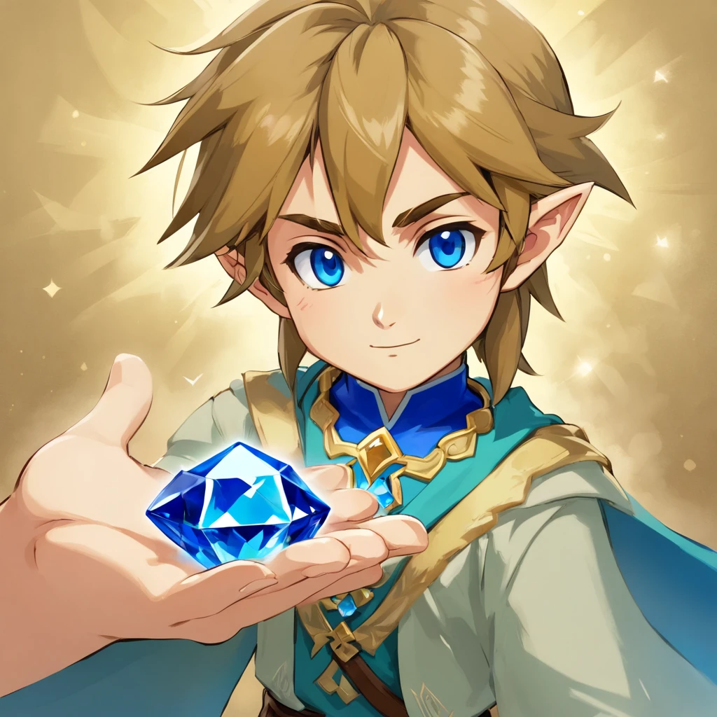 The little boy carefully held the blue gem