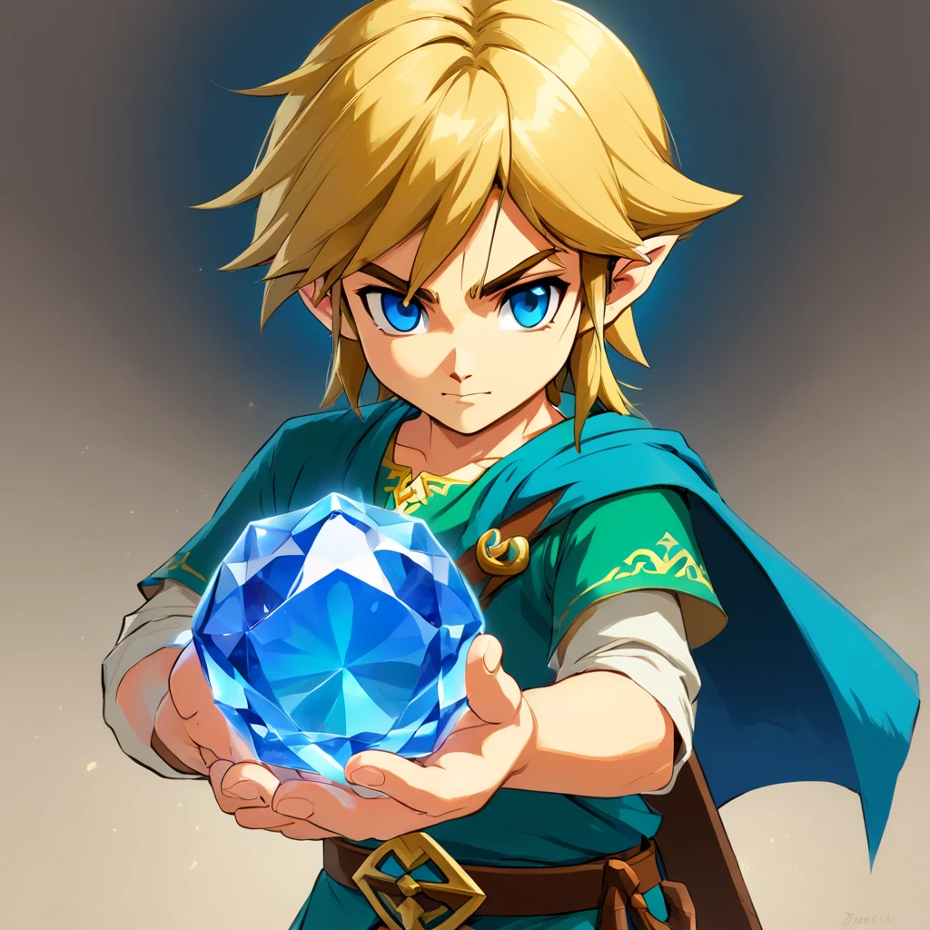 The little boy carefully held the blue gem