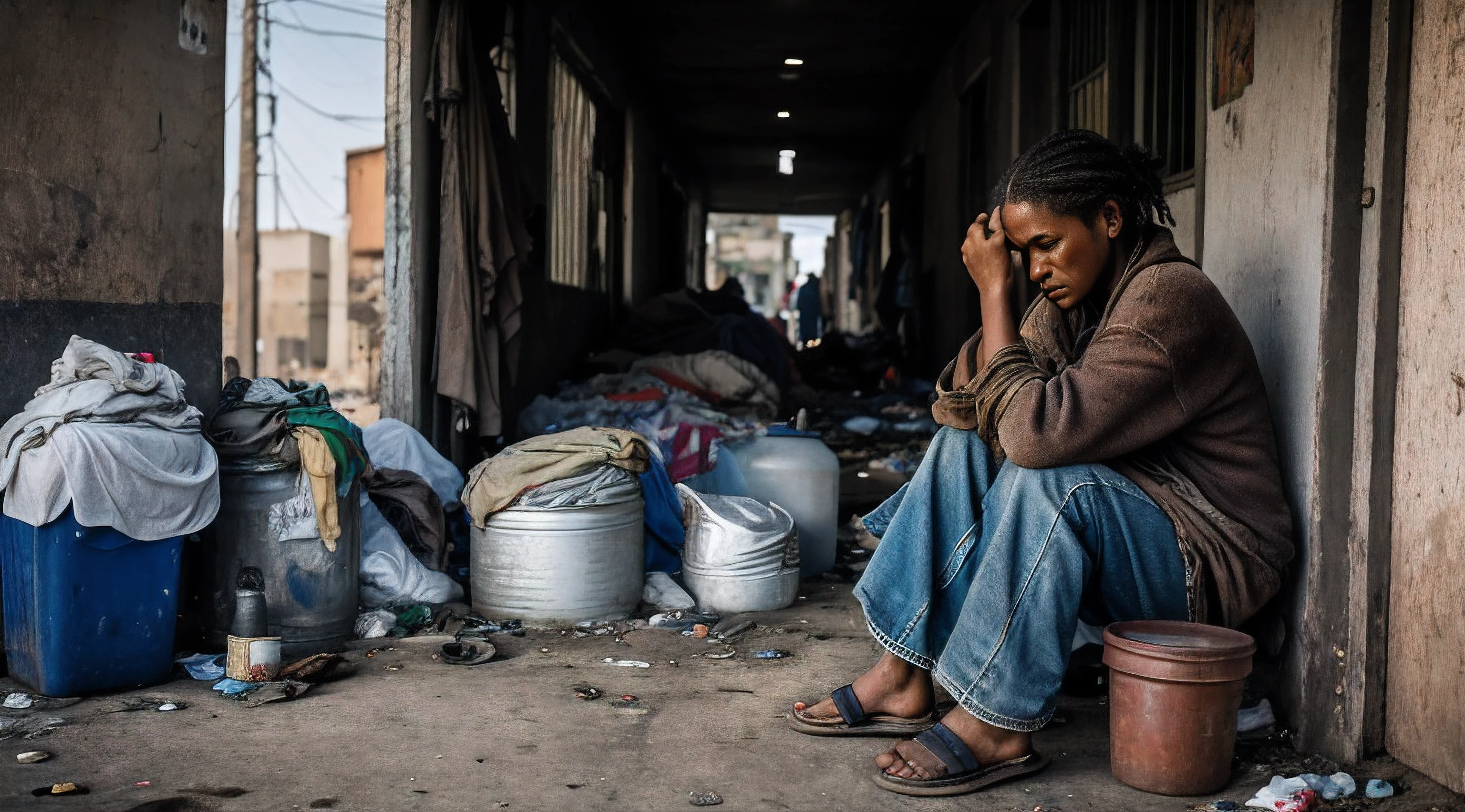 «»A poignant photorealistic image of a destitute woman on a street filled with garbage, wearing torn and dirty clothes that reflect her dire living conditions«», Photograph, Impoverished Living Conditions, Artistic Inspiration from Dorothea Lange's documentary photography, Camera: Full Frame DSLR, Shot: Full Body, Taken at dawn to capture the raw emotion and vulnerability, Rendered in high-resolution 4K for lifelike detail. The woman's disheveled appearance and unkempt clothing illustrate the harsh reality of her circumstances. The street littered with garbage symbolizes the destitution and neglect faced by the homeless. The lens used is a 35mm lens, capturing the woman's emotions and the authenticity of her living conditions. The soft morning light adds a sense of hope and melancholy to the scene. The image aims to evoke empathy and shed light on the struggles faced by individuals living in extreme poverty in urban environments. This prompt focuses on photorealism, drawing inspiration from Dorothea Lange's powerful and emotive documentary photography.