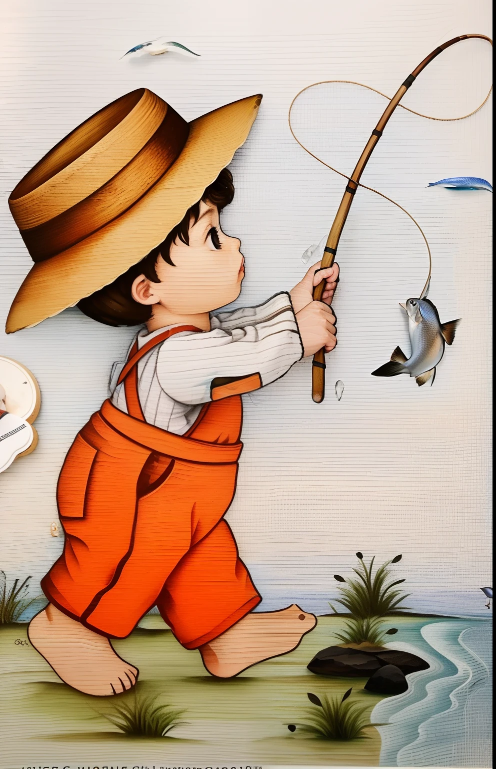 (best quality,4k,8k,highres,masterpiece:1.2),ultra-detailed,realistic,boy sitting on a stool,holding a basket full of fish,beautiful detailed eyes,beautiful detailed lips,extremely detailed eyes and face,long eyelashes,wavy hair,curious expression,vibrant colors,soft lighting,scenic background,happy mood,freshly caught fish,wooden stool,seaside setting,blues and greens in the color palette,crystal clear water,calm waves,ripples of the fish basket,seagulls flying in the distance,clear blue sky,bright sun,childish innocence,summer vibes,sandy beach,joyful atmosphere,smooth texture on the boy's skin,details on the fish scales,perfectly captured moment,masterful brushstrokes,oily texture on the canvas,classic oil painting style,portraits.