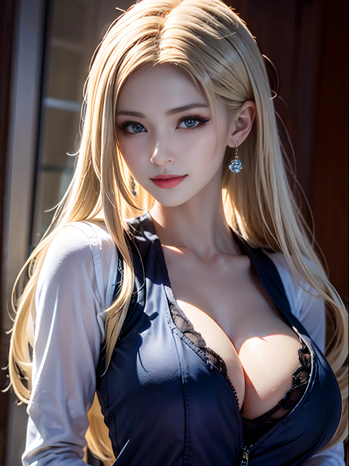 portlate、School Uniforms、bright expression、poneyTail、Young shiny shiny white shiny skin、Best Looks、Blonde reflected light、Platinum blonde hair with dazzling highlights、shiny light hair,、Super long silky straight hair、Beautiful bangs that shine、Glowing crystal clear attractive big blue eyes、Very beautiful nice cute girl、Lush bust、with slit、((full body seen))、Beautiful face、