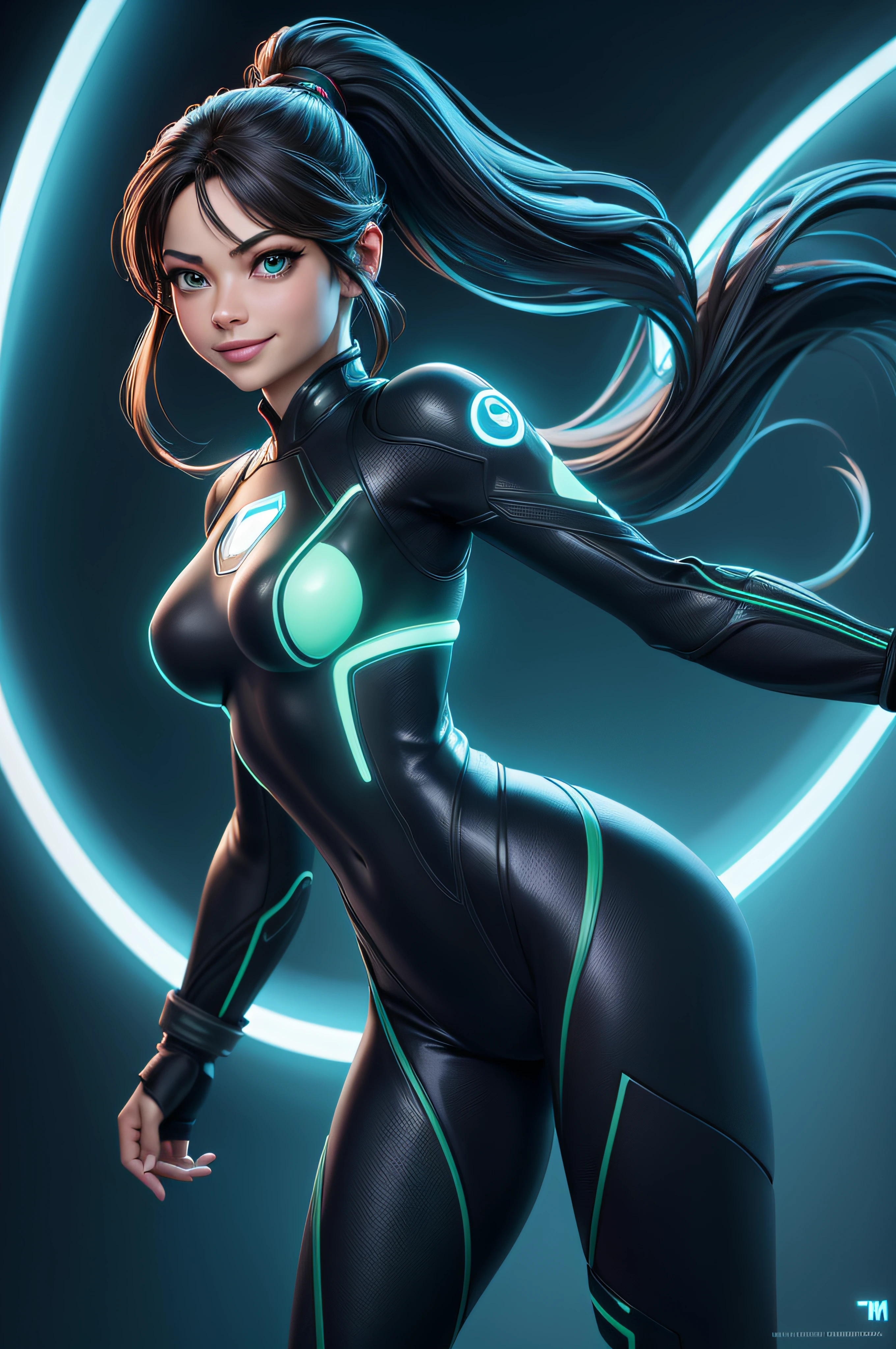 tmasterpiece, Hdr, 4K, 8k, Best quality, Kristin Kreuk with ponytail and green eyes, seins moyens, sourire, Regarder le spectateur, in TRON outfit, background: TRON environment