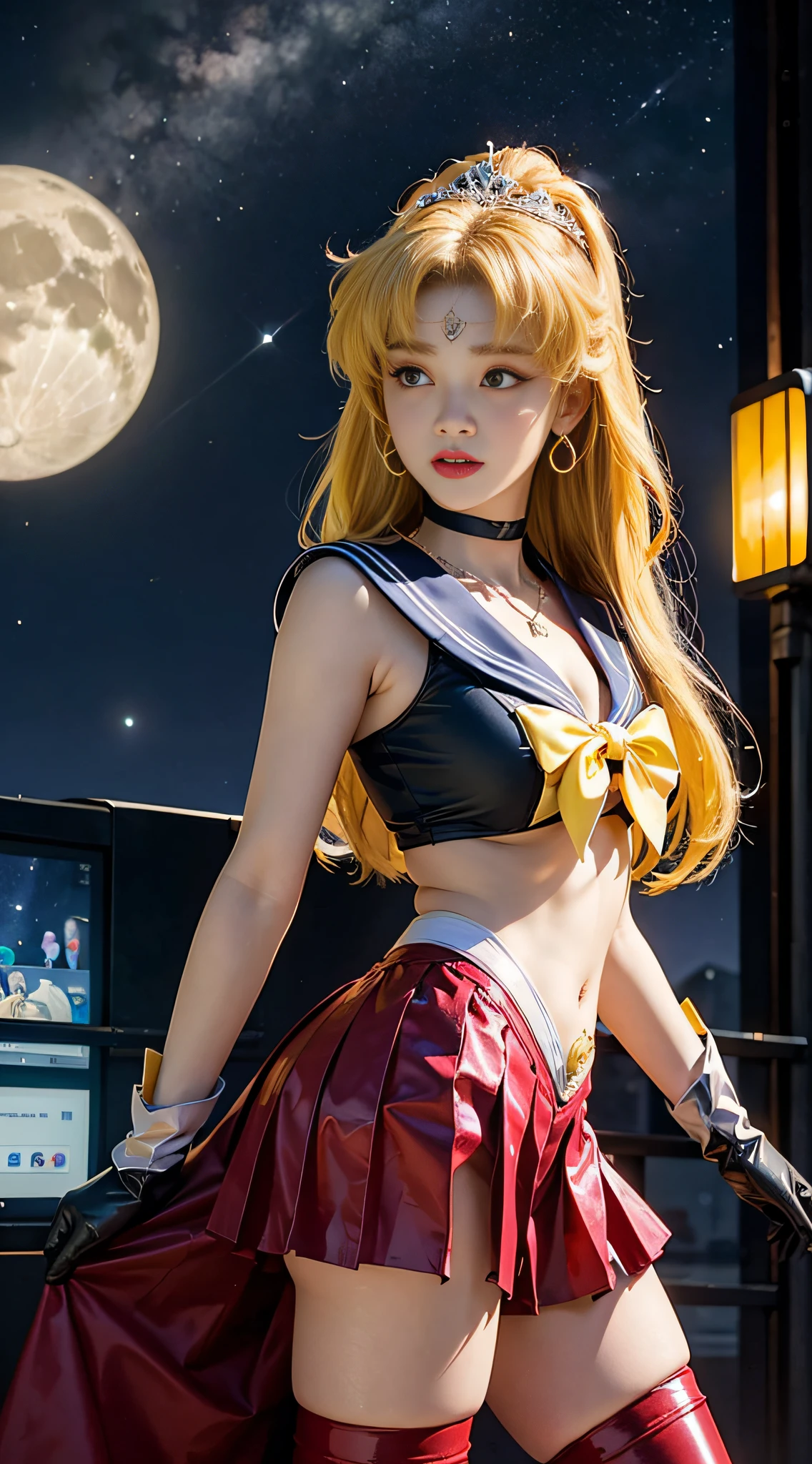 ((masterpiece:1.4)、(top-quality:1.4)、(reallistic:1.7))、masuter piece:1.4、a beauty girl、(Sailor Moon:1.4)、Tsukino Usagi、Body Fit Sexy Sailor Senshi Uniform、(latex shiny)、(The jacket is a white sleeveless sailor suit)、(Skirt Blue Sexy Ultra Ultra Pleated Mini Skirt)、The collar of the sailor suit is blue with two thin lines.、high leg swimsuit、Red cloth ornament at chest、(Wearing white gloves)、Kawaii Girl、Super beauty、foco nítido、Portrait photos、Upper body photography:1.4、beautiful countenance、beautidful eyes、Narrow waist、beauty legs、(yellow hair:1.4)、(length hair:1.2)、Beautiful udder、large full breasts:1.2、Sexy ass、Raw photo、red-lips、Red high heels:1.4、a choker:1.4、a necklace:1.4、耳Nipple Ring:1.4、Luxurious Golden Tiara:1.4、1 screen display、a moon、kosmos、spaceships、A space station、City of the Future
