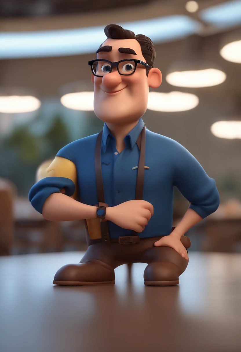 Cartoon character of a man with black glasses and a blue shirt, animation character, Caractere estilizado, animation style rendering, 3D estilizado, Arnold Maya render, 3 d render stylized, toon render keyshot, Personagem 3D, Personagem 3D, 3d rendering stylized, 3 d character render, personagem de desenho animado, Personagem de close up, Pose de personagem,  (Estilo Pixar) (master part:1.2) (Bokeh) (best quality) (pele detalhada) (textura detalhada) (8k) (argila) (Cinematic lighting) (foco nítido