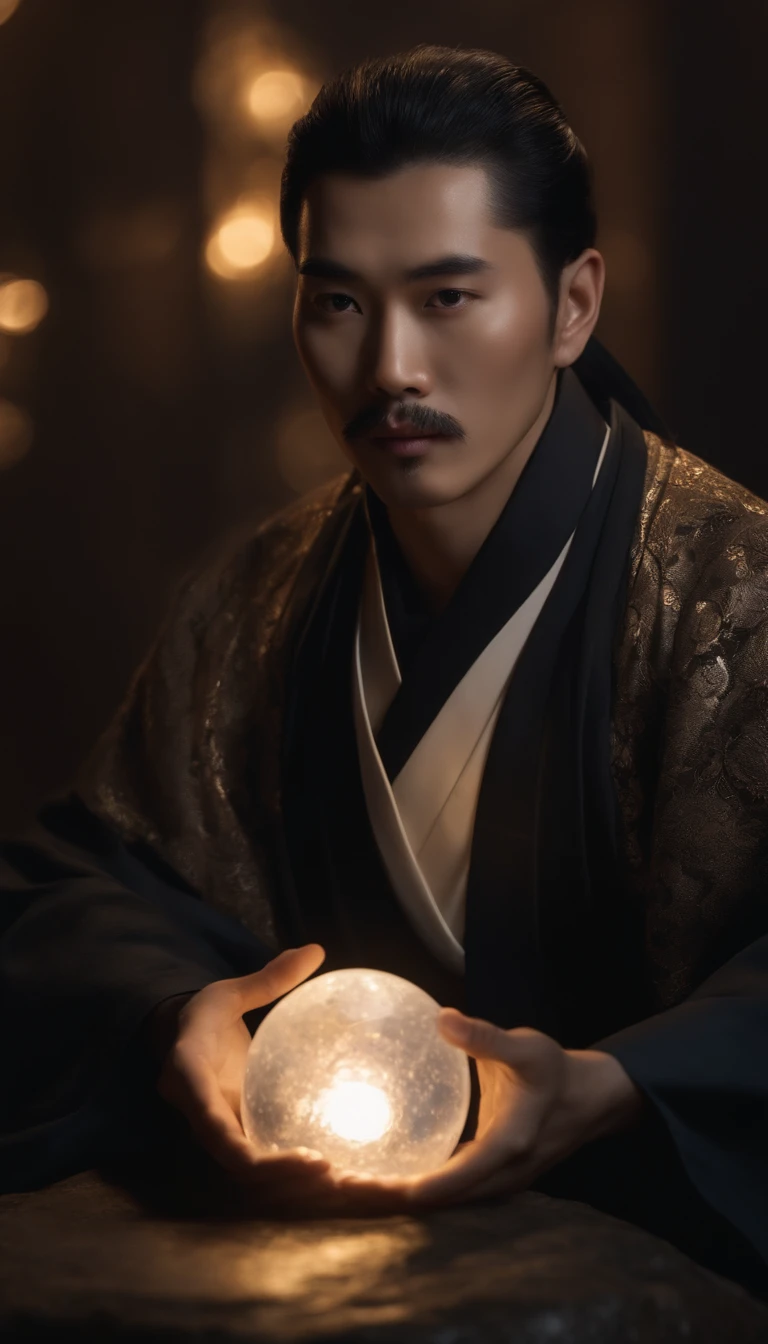 Close-up of a young Chinese Taoist leader sitting on a rock,cabelos longos,bigode curto,Holding a shiny crystal ball in your hand,staring directly at camera,Medite de pernas cruzadas, no centro,clear facial features,cores muito brilhantes, light particles, com luz brilhante, Mshiv, Arte do papel de parede, Papel de parede UHD