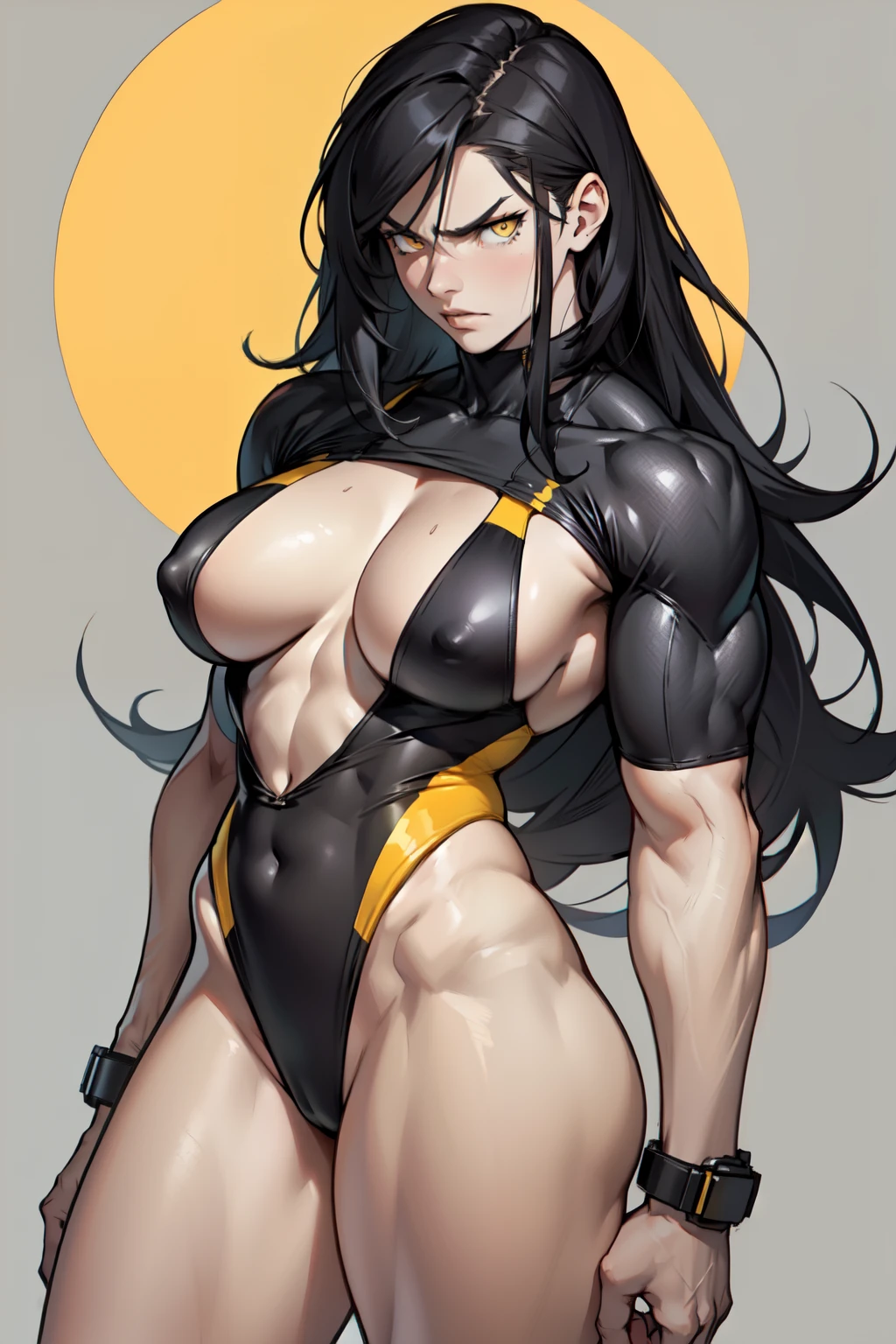 (1girl) pale skin huge breasts (muscular)) toned body thick thighs black hair yellow eyes (skimpy swimsuit long hair grey background) bodybuilder angry