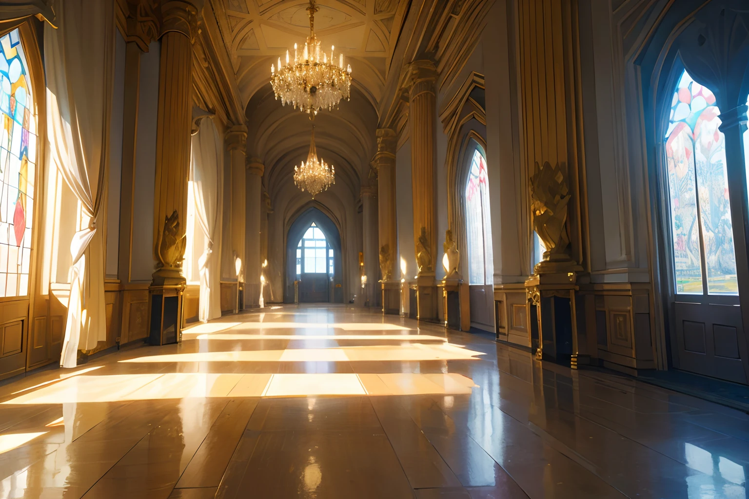 fantasy hallway, royal palace, palace hall, glorious, glorious lighting, window, curtains, wind (best quality,4k,8k,highres,masterpiece:1.2),ultra-detailed,(realistic,photorealistic,photo-realistic:1.37),HDR,UHD,studio lighting,ultra-fine painting,sharp focus,physically-based rendering,extreme detail description,professional,vivid colors,bokeh,portraits,landscape Color Tone: white golden tones Lighting: Soft, cold light filtering through stained glass windows As you step into the fantasy hallway of the royal palace, you are greeted by an awe-inspiring sight. The palace hall before you embodies a sense of grandeur and magnificence. The hall is adorned with intricate architectural details, showcasing the skill and craftsmanship of the craftsmen who built it. The lighting in the hall is nothing short of glorious. White rays of sunlight pierce through the tall, stained glass windows, casting vibrant colors and patterns across the marble floor. The warm hues create a mesmerizing ambiance, adding a touch of magic to the scene. As you approach the windows, you notice beautiful curtains gently swaying in the wind, adding a sense of movement and life to the otherwise still atmosphere. The curtains are made of luxurious fabrics, draping elegantly from the ceiling to the floor, gracefully framing the windows. Every corner of the palace hall boasts ultra-detailed artwork. The walls are painstakingly painted with scenes of historical significance, highlighting the rich history of the royal family. The ceiling is adorned with exquisite carvings, depicting mythical creatures and celestial beings. The attention to detail is astounding, making the hall a true masterpiece of art and architecture. The high resolution and professional rendering of the scene further enhance its beauty. The sharp focus brings out the intricate details of the room, allowing you to appreciate every brushstroke and curve. The vivid colors add depth and vibrancy, giving life to the portraits and lands