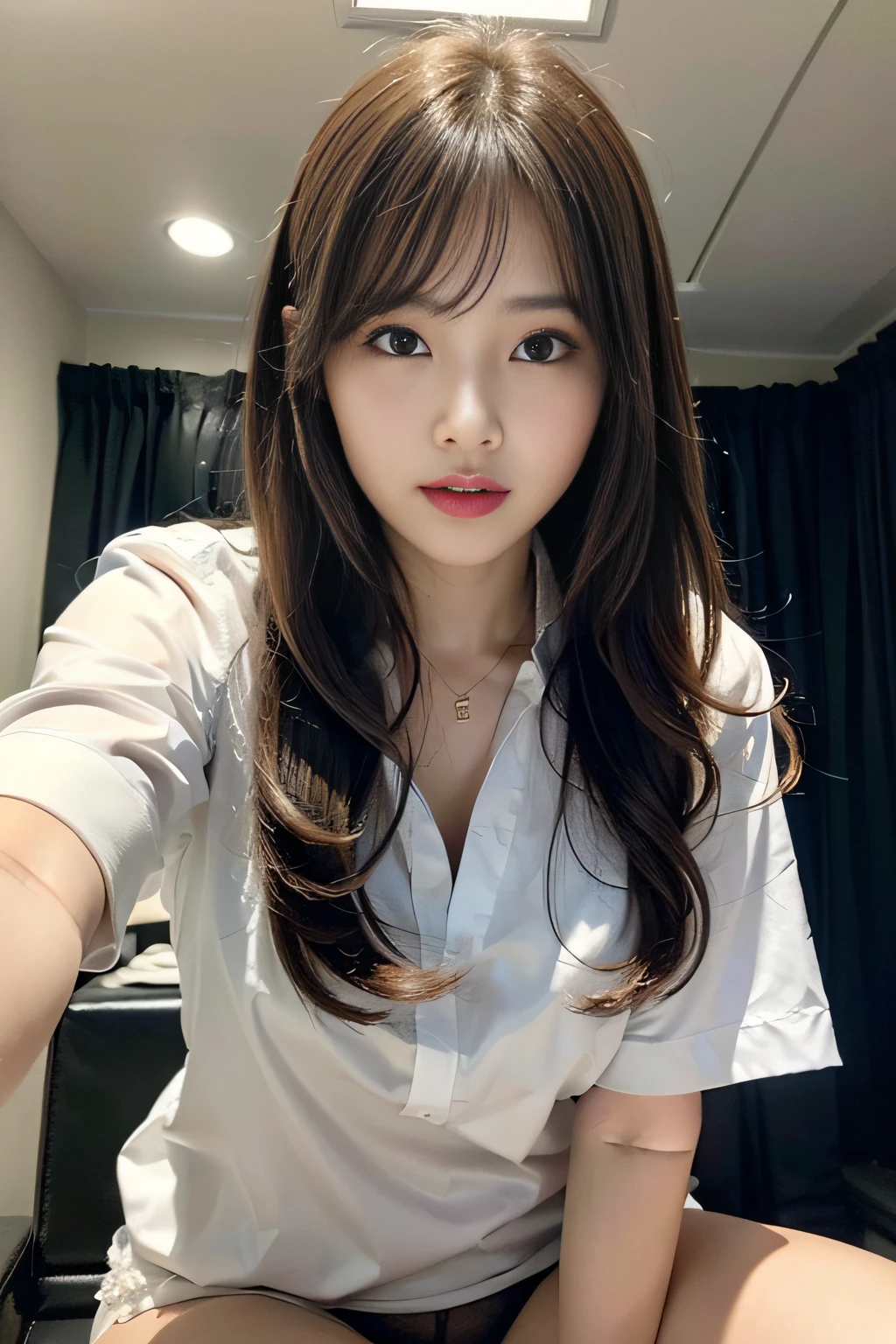 A close up of a woman sitting on a bed with a white shirt - SeaArt AI