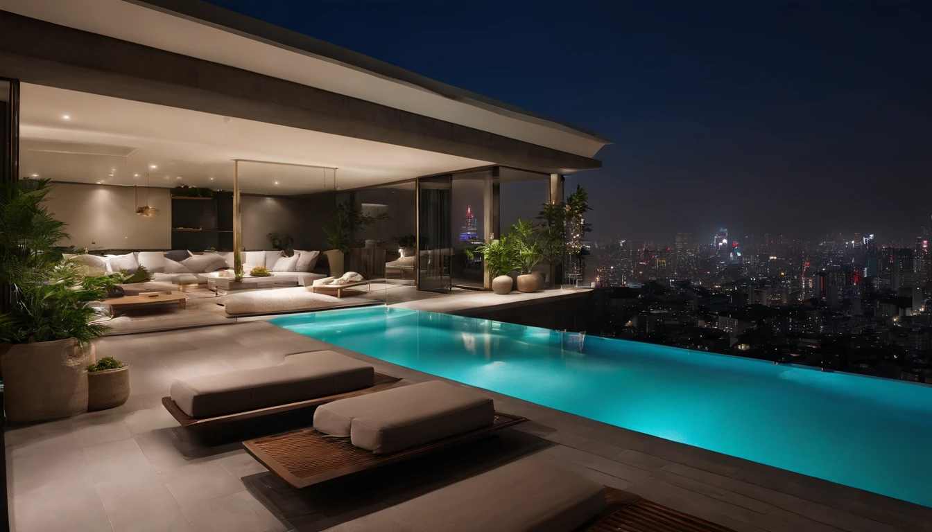 (((Tokyo at night)),((Super luxury tower condominium)),The stunning night view is super beautiful.,((The outdoor living room on the hill is a large open veranda)),Moody peppermint blue pool,((A strong blue light lit up from the bottom of the pool envelops the area)),(High-quality flooring by the pool),Cushions for relaxation,(Colorful night view),4k,An ultra-high picture quality,Luxury space,Moody indirect lighting,houseplant,rich,Rich,VIP,VIP Moments