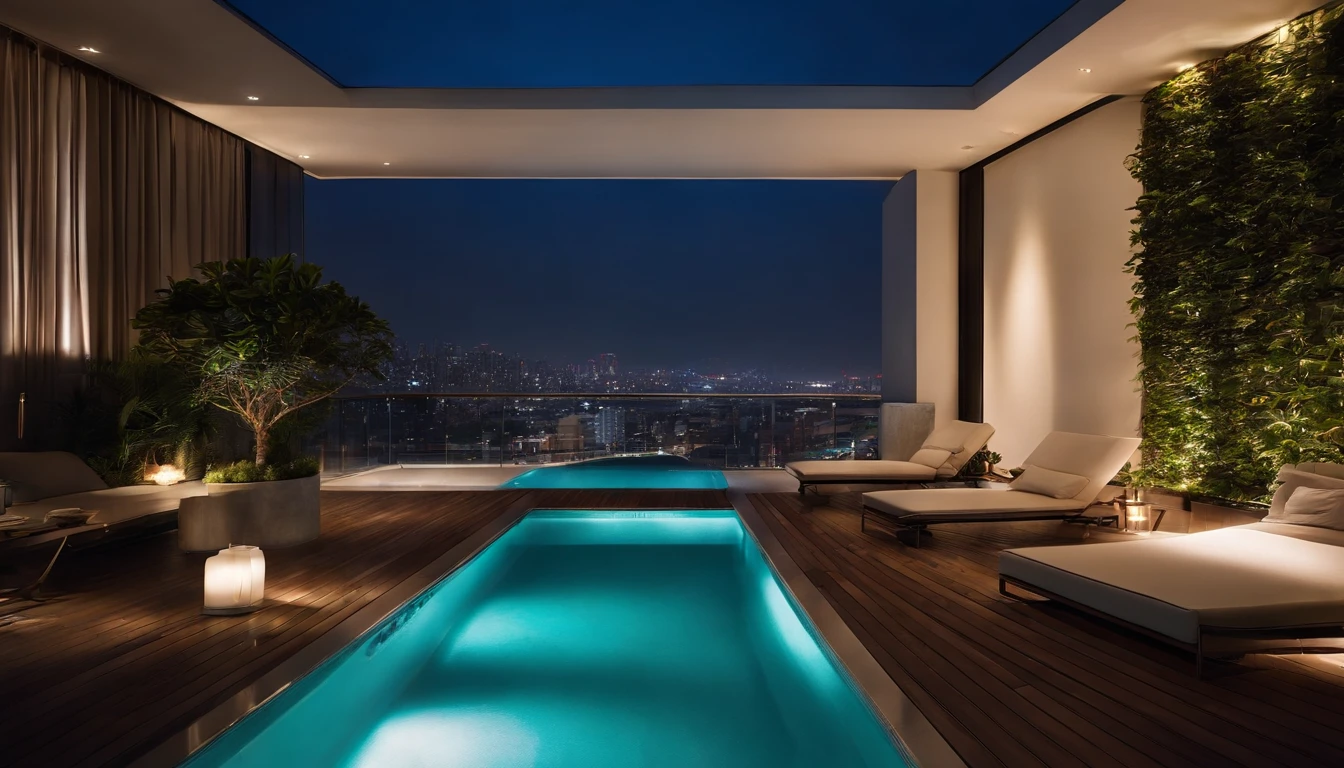 (((Tokyo at night)),((Super luxury tower condominium)),The stunning night view is super beautiful.,((The outdoor living room on the hill is a large open veranda)),Moody peppermint blue pool,((A strong blue light lit up from the bottom of the pool envelops the area)),(High-quality flooring by the pool),Cushions for relaxation,(Colorful night view),4k,An ultra-high picture quality,Luxury space,Moody indirect lighting,houseplant,rich,Rich,VIP,VIP Moments