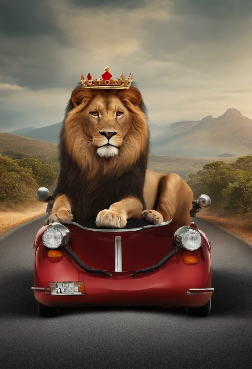 Create a movie poster, Pixar animation style, Of an old lion, with a king's crown on his head over his mane, com cara de cansado, olheiras em volta dos olhos, vestido de piloto, With a car steering wheel in his hands. Ao fundo, coloque um Honda civic vermelho, ano 2008, Eighth generation with grey wheels. Coloque o nome do filme em cima "Rei da Selva aposentado".