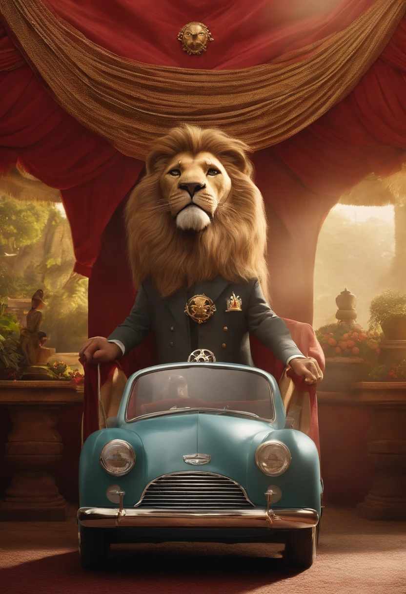 Create a movie poster, Pixar animation style, Of an old lion, with a king's crown on his head over his mane, com cara de cansado, olheiras em volta dos olhos, vestido de piloto, With a car steering wheel in his hands. Ao fundo, coloque um Honda civic vermelho, ano 2008, Eighth generation with grey wheels. Coloque o nome do filme em cima "Rei da Selva aposentado".