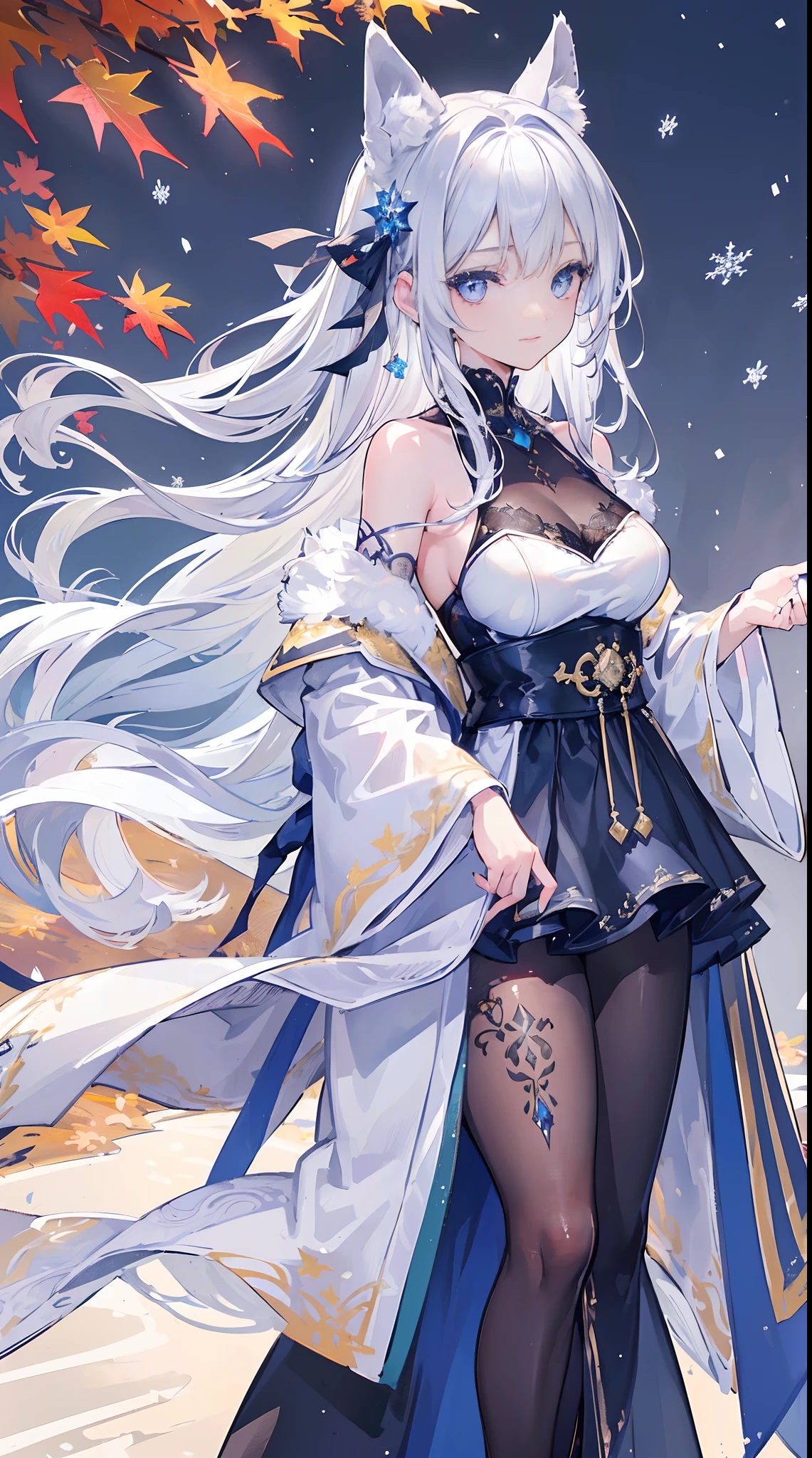 (masterpiece、Highest quality、Highest quality、Official Art、Beautiful, beautiful:1.2)、(1 girl)、Very detailed、(Fractal Art:1.3)、colorful、Best details, nine tailed fox, 9 White, Black fox ears, Devil cat eyes, Japanese God々A fox inspired by, Fantastic Sky Warrior Transparent Costume, Elaborately embellished with gold, Fantasy Japan Background, A kind smile, anatomicaly, Thin wrists and large, Defined hip, Soft look, Laughter, Long silver hair, Wave, Look forward, Hair is spreading