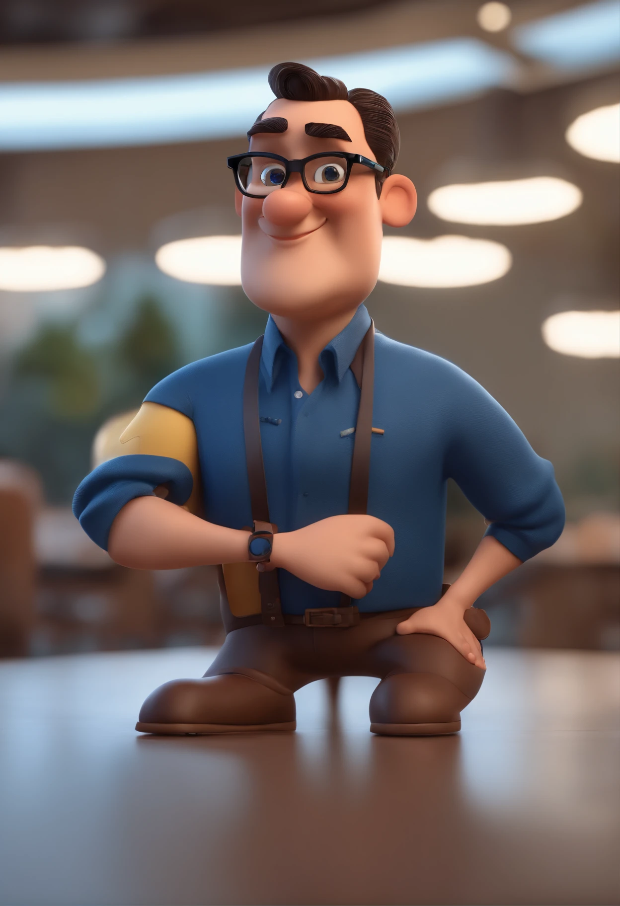 Cartoon character of a man with black glasses and a blue shirt, animation character, Caractere estilizado, animation style rendering, 3D estilizado, Arnold Maya render, 3 d render stylized, toon render keyshot, Personagem 3D, Personagem 3D, 3d rendering stylized, 3 d character render, personagem de desenho animado, Personagem de close up, Pose de personagem, (Estilo Pixar) (master part:1.2) (Bokeh) (best quality) (pele detalhada) (textura detalhada) (8k) (argila) (Cinematic lighting) (foco nítido