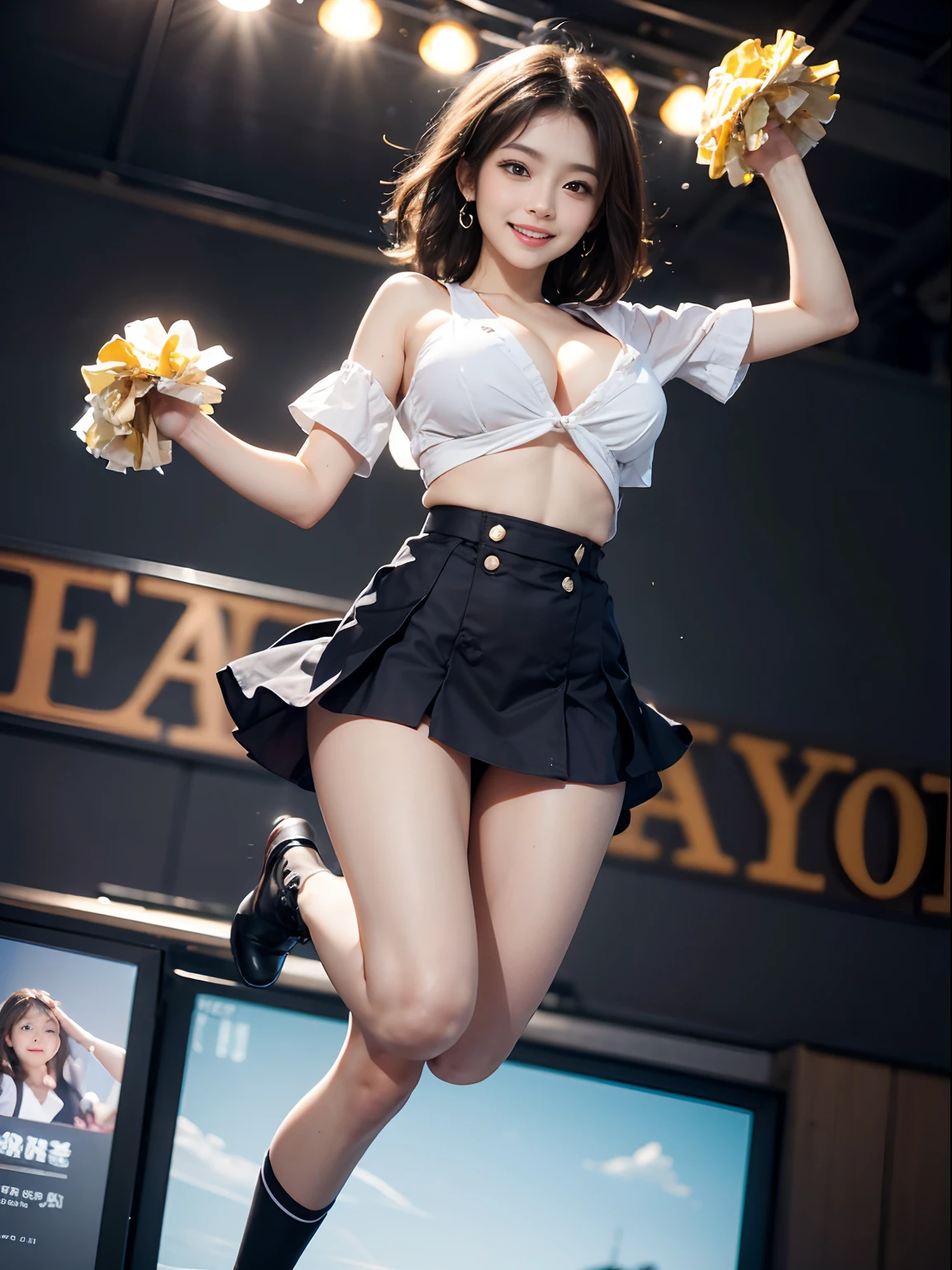 (View from below:1.3),Smile full of happiness、Expression in a state of excitement、yawning being、panting、Looks happy、dark brown short hair、eye glass、(8K、RAW Photos、top-quality、masterpiece:1.2)、(realisitic、Photorealsitic:1.37)、1人、japanes、20yr old、femele、during daytime、a park、natural soft light、photon maping、Radio City、dark brown hair、((Angle from below))、(full body Esbian)、详细的脸、Detailed lips、detailedeyes、More skin、二重まぶた、(huge-breasted:1.5)、(Cheergirl Uniforms)、(a miniskirt)、Not wearing a bra、((Not wearing panties))、perfectbody、shinny skin、Lively poses like cheerleading、Jumping、cowboy shot、A smile、Make eye contact with the camera