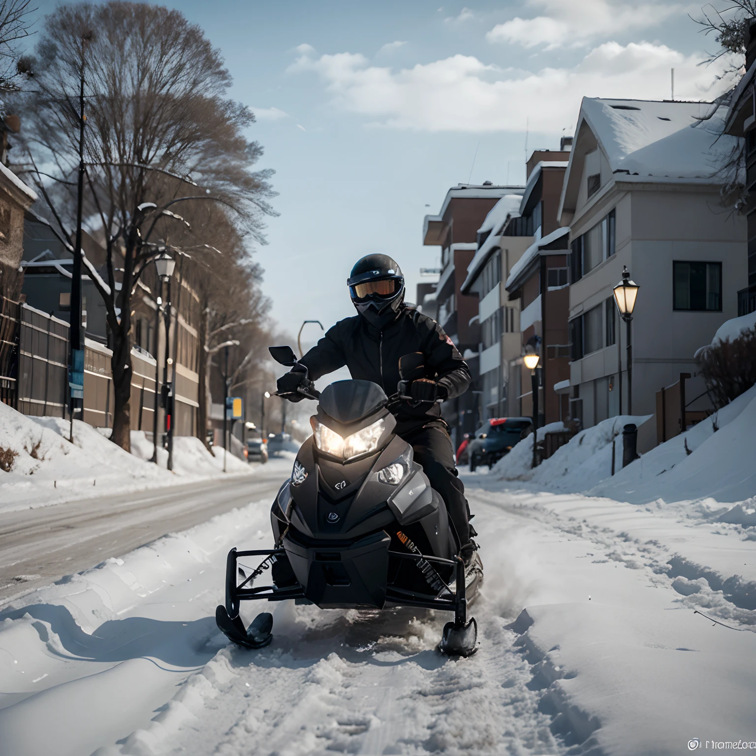 Cuerpo completo. Gray alien riding a snowmobile riding the snow-covered road in the middle of winter, grey alien, gran angular, octanaje  renderizado, iluminacion volumetrica, golden ratio, trending on artstation, imagen en 3D, renderizado 3D, resolucion 64K. photographic style: Lente 50mm apertura F2.5 Nikon D500. Sugerencias: No debe salir: Feo, ruido, grano, mala anatomia, malas proporciones, mal arte, mal dibujado, cara mala dibujada, mutado, mutilate, morbid, miembros perdidos, miembros extras, miembros flotantes, miembros fusionados, fuera de foco, fuera de marco, low res, Cartoon, plastico, Undressed
