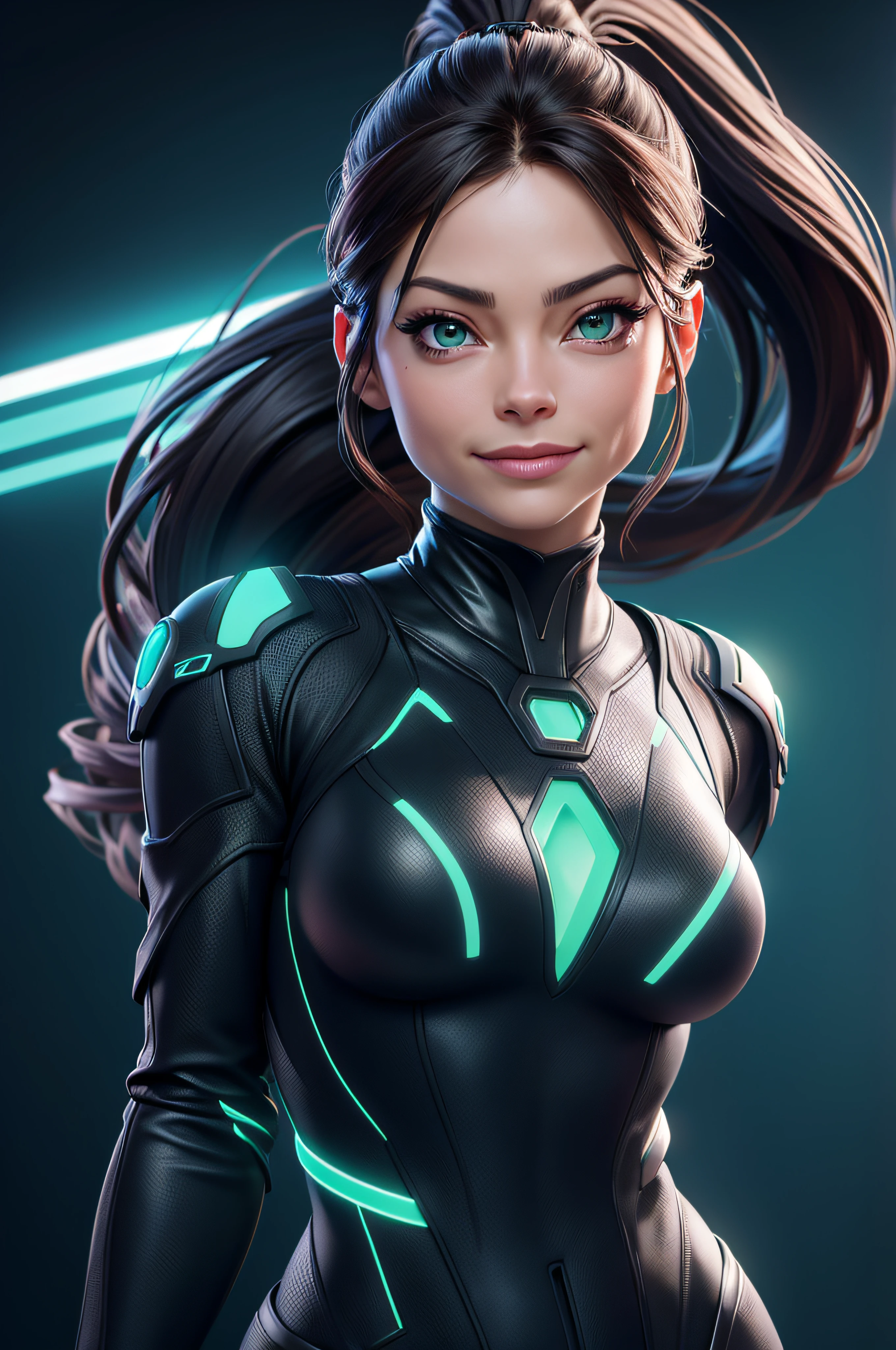 tmasterpiece, Hdr, 4K, 8k, Best quality, Kristin Kreuk with ponytail and green eyes, seins moyens, sourire, Regarder le spectateur, in TRON outfit, background: TRON environment