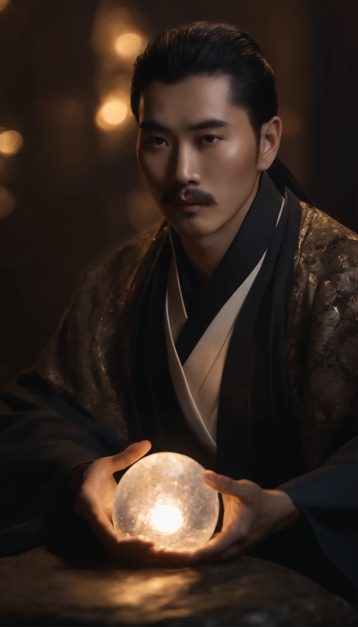 Close-up of a young Chinese Taoist leader sitting on a rock,cabelos longos,bigode curto,Holding a shiny crystal ball in your hand,staring directly at camera,Medite de pernas cruzadas, no centro,clear facial features,cores muito brilhantes, light particles, com luz brilhante, Mshiv, Arte do papel de parede, Papel de parede UHD