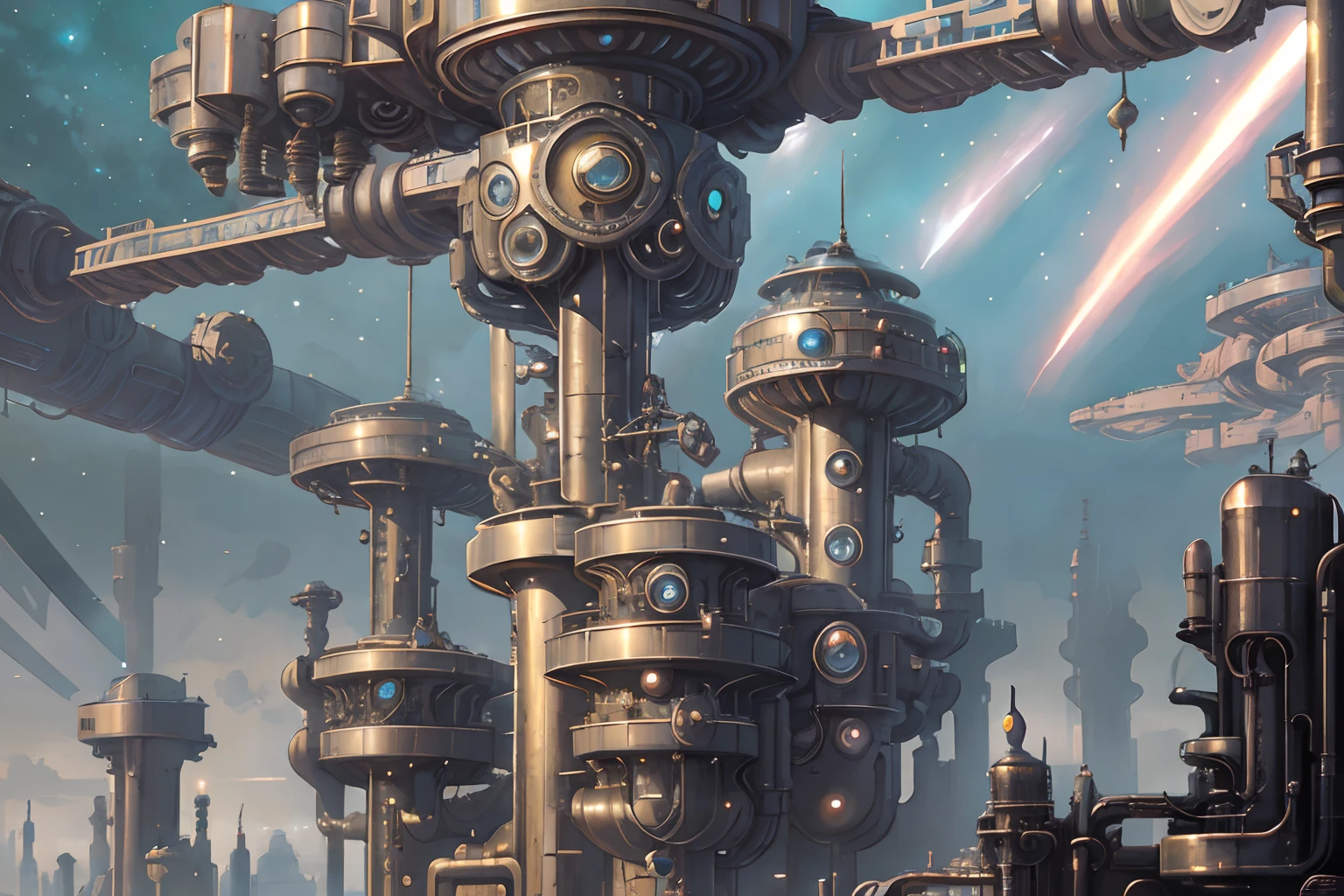 In the vast expanse of the cartoon universe, a striking dieselpunk ornamental space elevator stands tall, capturing the imagination with its intricate detailing and industrial charm. This awe-inspiring image, depicted through a digital painting, showcases the grandeur of a retro-futuristic world. The elevator, a massive tower adorned with ornate gears and pipes, reaches towards the stars, enveloped in an ethereal glow. Its metallic framework, a symphony of polished brass and tarnished copper, showcases the wear and tear of time, highlighting the beauty in its aged craftsmanship. As the elevator ascends into the skies, suspended by thick cables, the tiniest of outlines reveal cartoon characters embarking on their journey to the heavens. Overall, this exquisite image perfectly encapsulates the whimsical allure of a dieselpunk universe, enticing viewers to delve into a tale of adventure and wonde --auto --s2