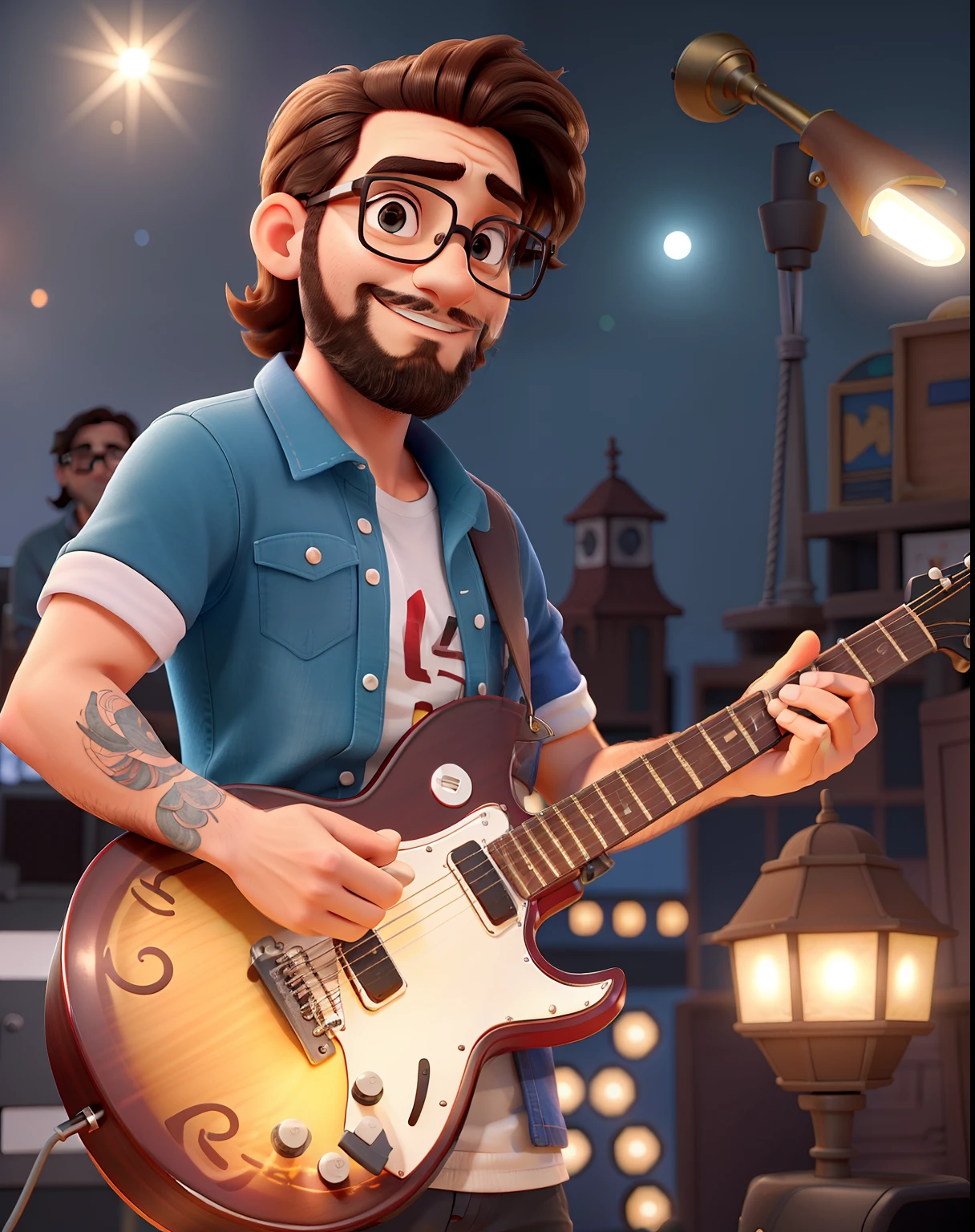 Um homem de 29 anos, sem barba cabelo castanho claro curto com topete, Glasses and rock and roll style, tocando um baixo vermelho e um teclado preto ao mesmo tempo, parado na frente de umas pessoas ao fundo encantadas com ele, illuminated by the light of a lamp, set against the backdrop of an incredible concert stage