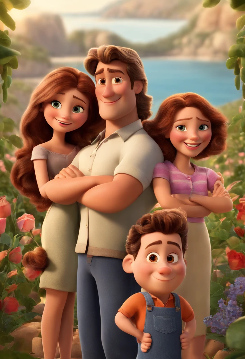 a Disney Pixar movie poster showing a white-skinned family. The father is the tallest, Tem barba curta, loiro, cabelos curtos e espinhosos. The mother has brown eyes and hair, shoulder-length and is slightly overweight. A menina tem 4 anos e cabelos castanhos, roupa rosa e rabos de cavalo. The background is a beach garden. 3D-rendering
