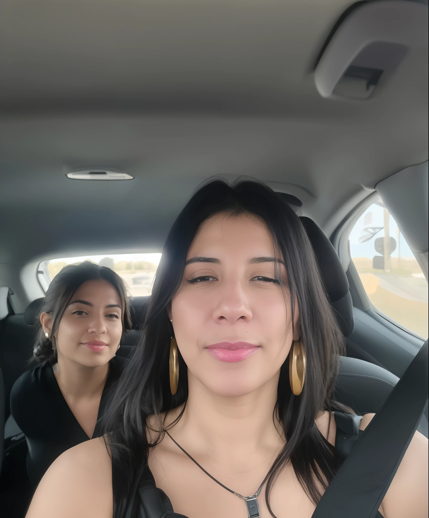 Woman with long black hair in car with another woman in back seat, imagem de perfil, taken in the early 2020s, em uma estrada, 3 0 anos de idade mulher, Mulher de 30 anos, foto do perfil, Foto POV, viewed through the cars window, Andar na estrada, driving, foto do snapchat, muito bobo olhando, sentada em seu carro